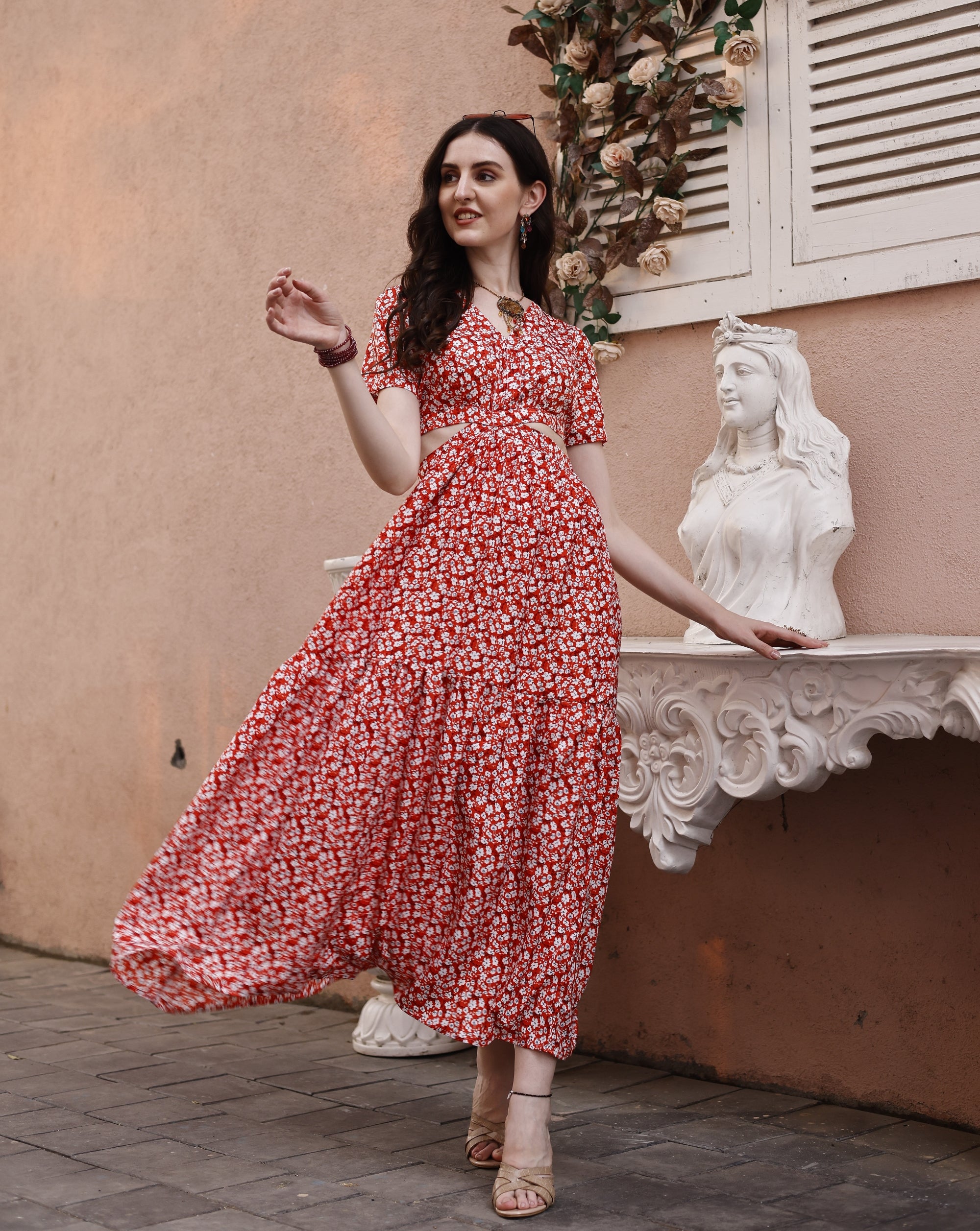 Women Red Fit & Flare cut out Waist V-Neck Maxi Dress