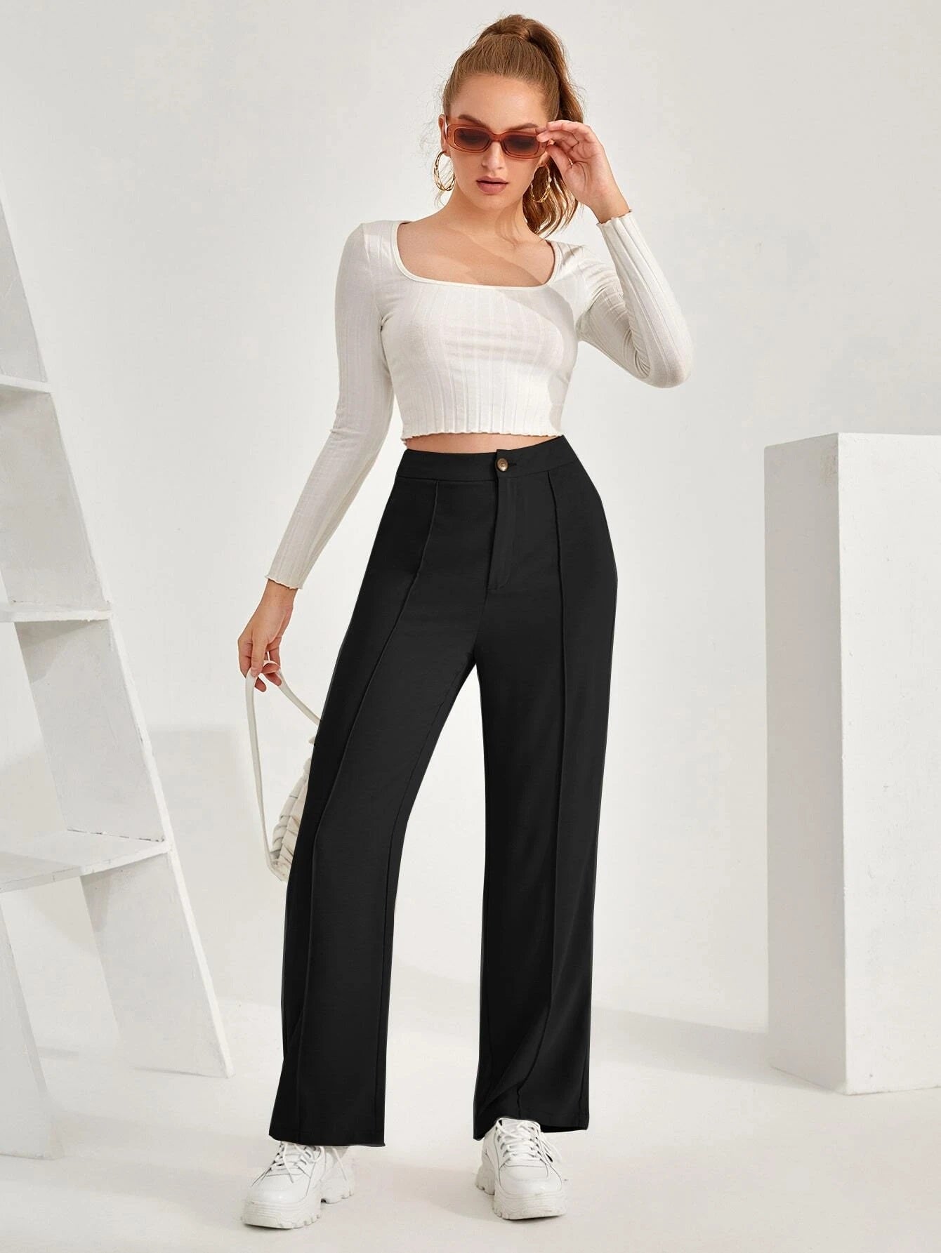 Classic High Rise Textured Black Palazzo Trousers