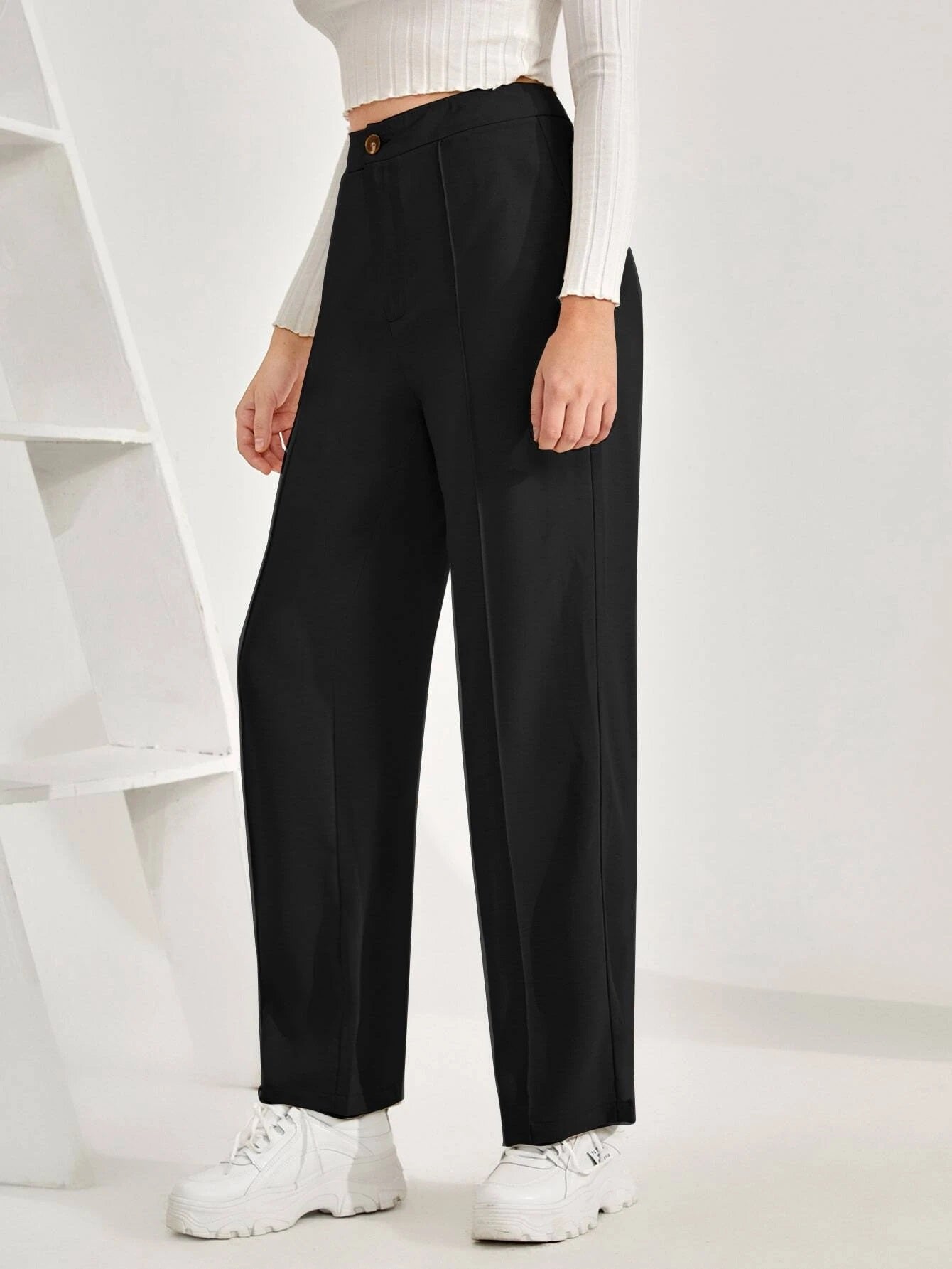 Classic High Rise Textured Black Palazzo Trousers