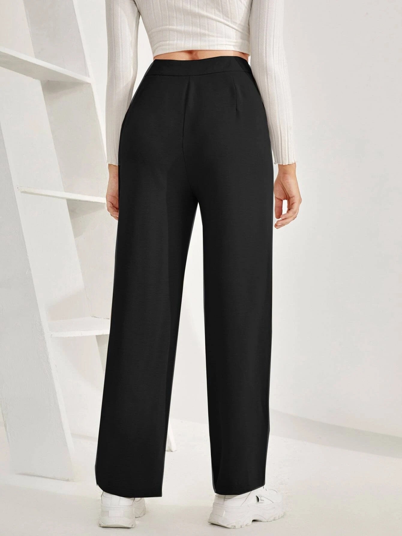 Classic High Rise Textured Black Palazzo Trousers