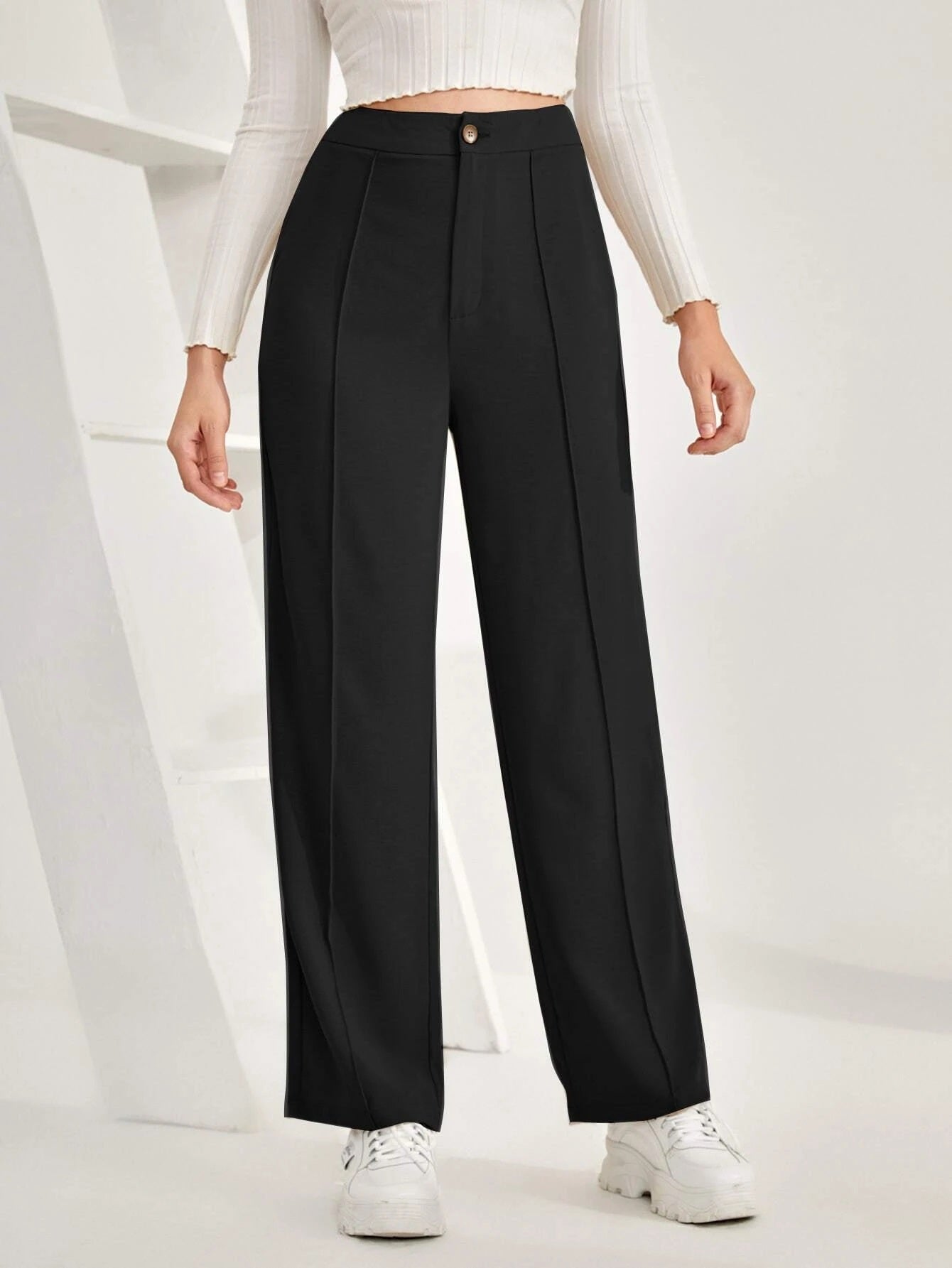 Classic High Rise Textured Black Palazzo Trousers