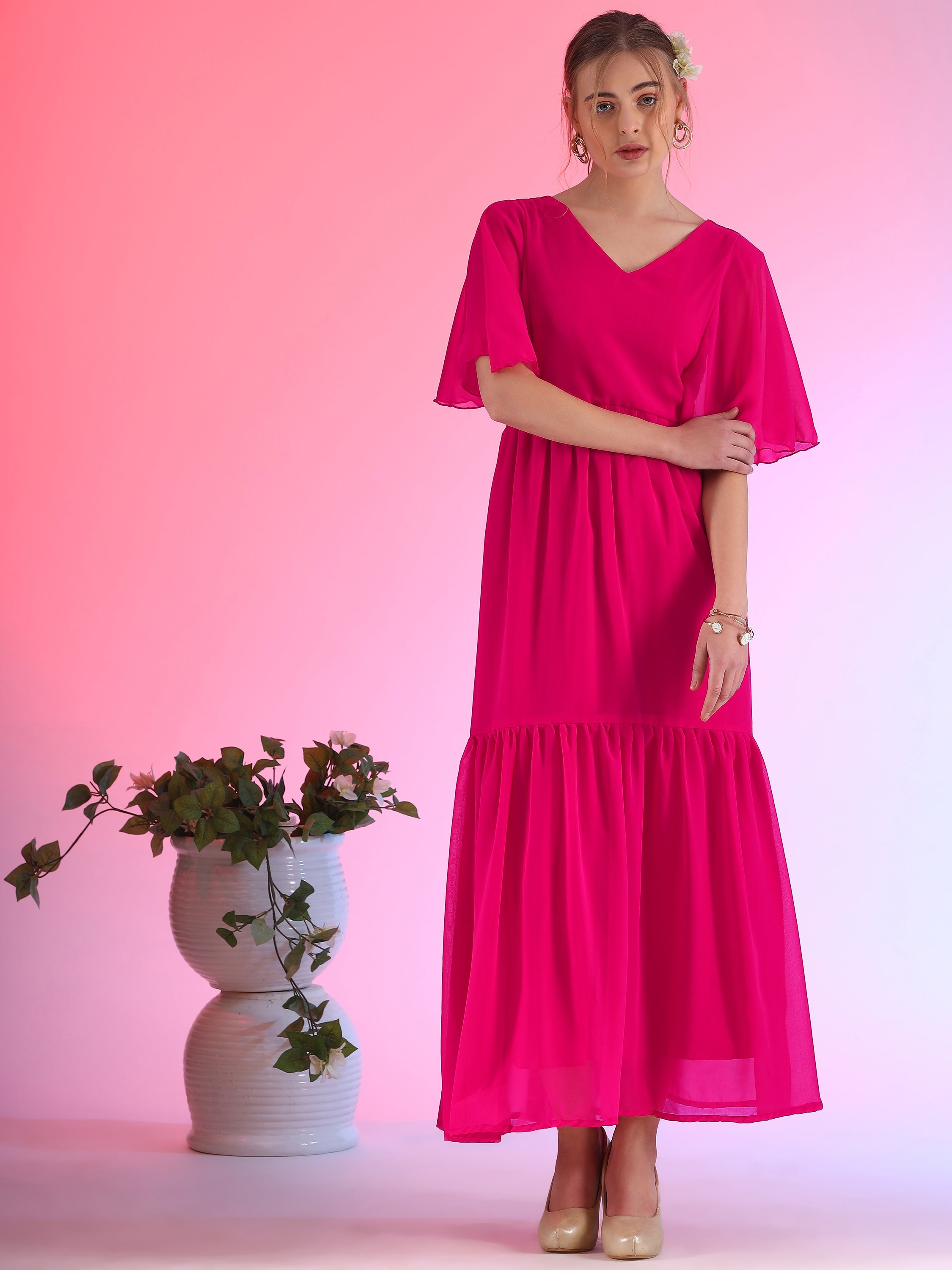 Glamour Solid Butterfly Sleeve Fit and Flare Maxi Dress