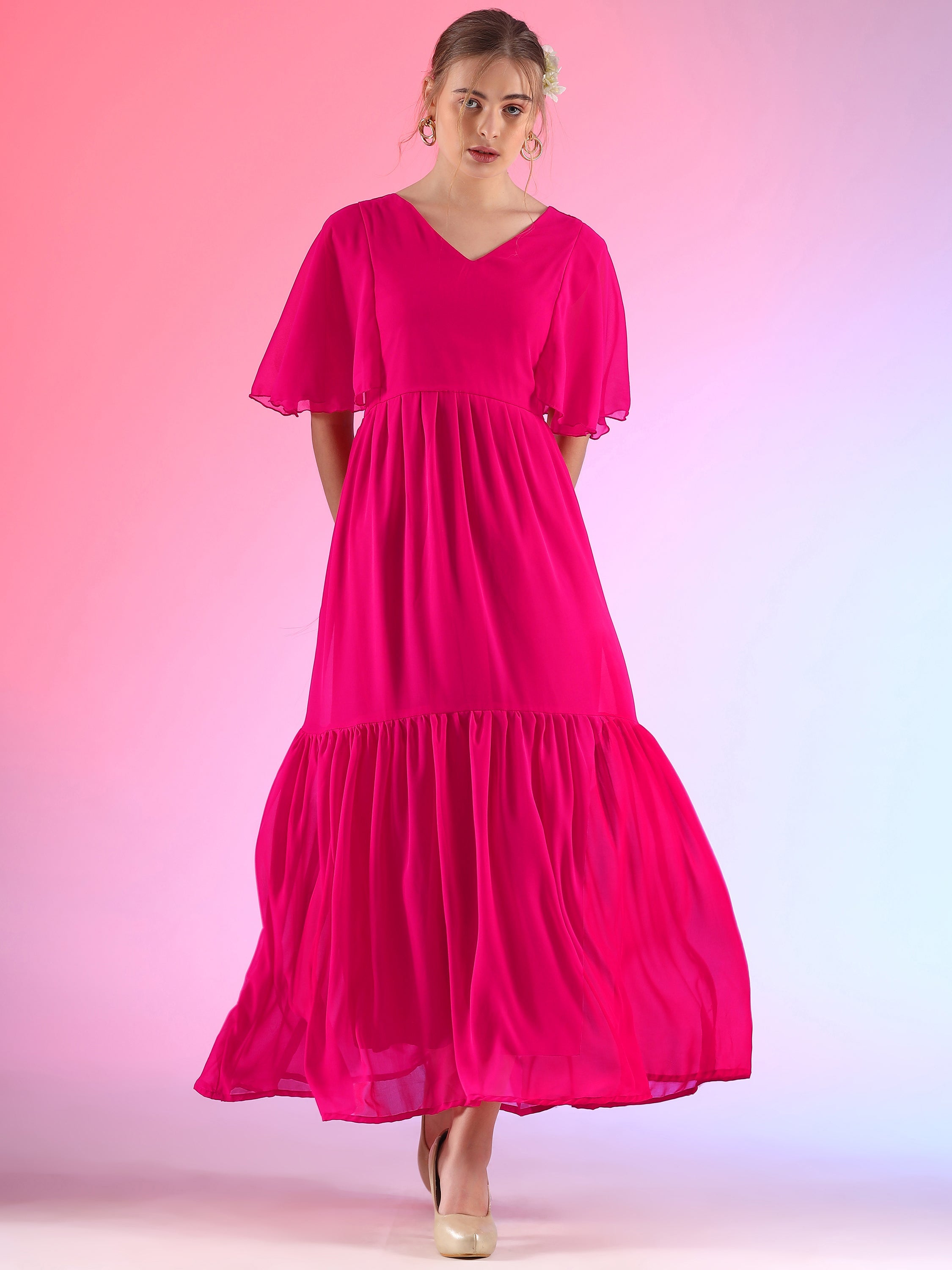 Glamour Solid Butterfly Sleeve Fit and Flare Maxi Dress