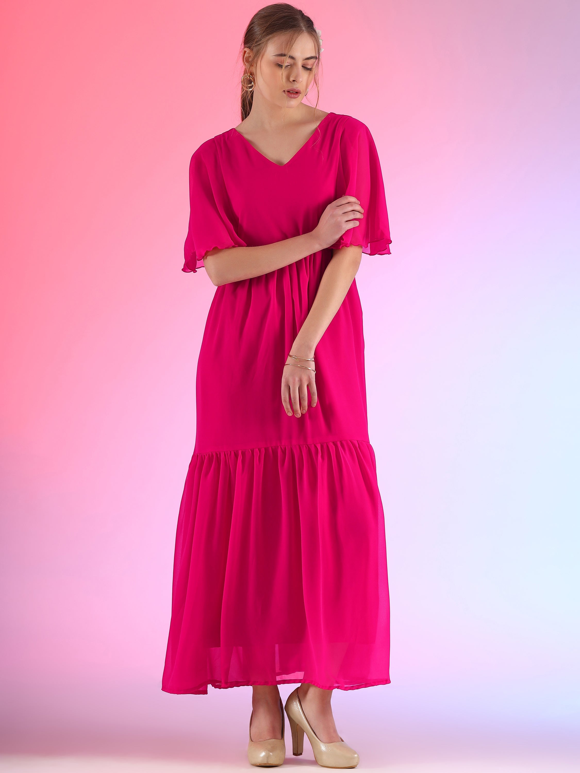 Glamour Solid Butterfly Sleeve Fit and Flare Maxi Dress