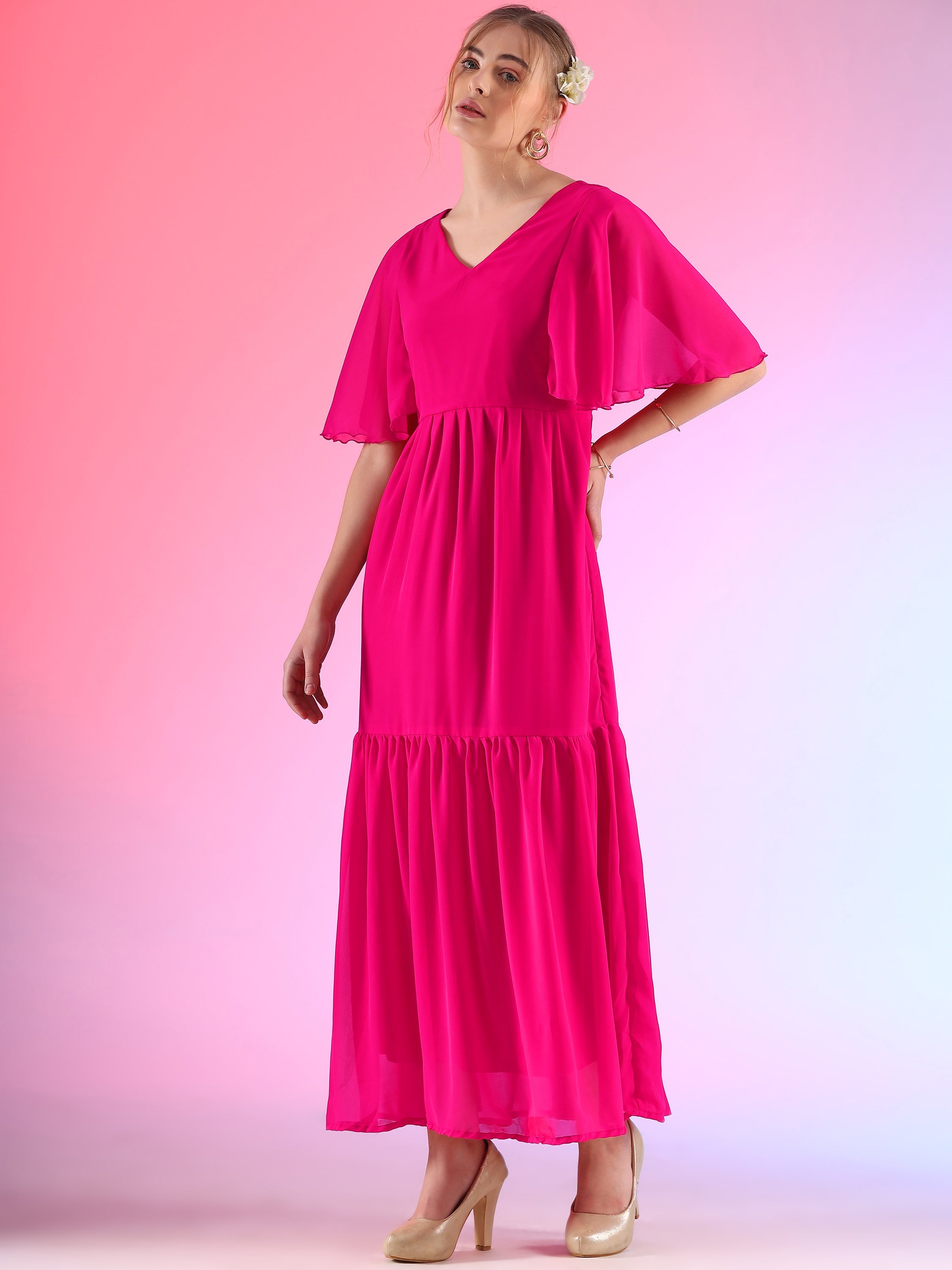 Glamour Solid Butterfly Sleeve Fit and Flare Maxi Dress