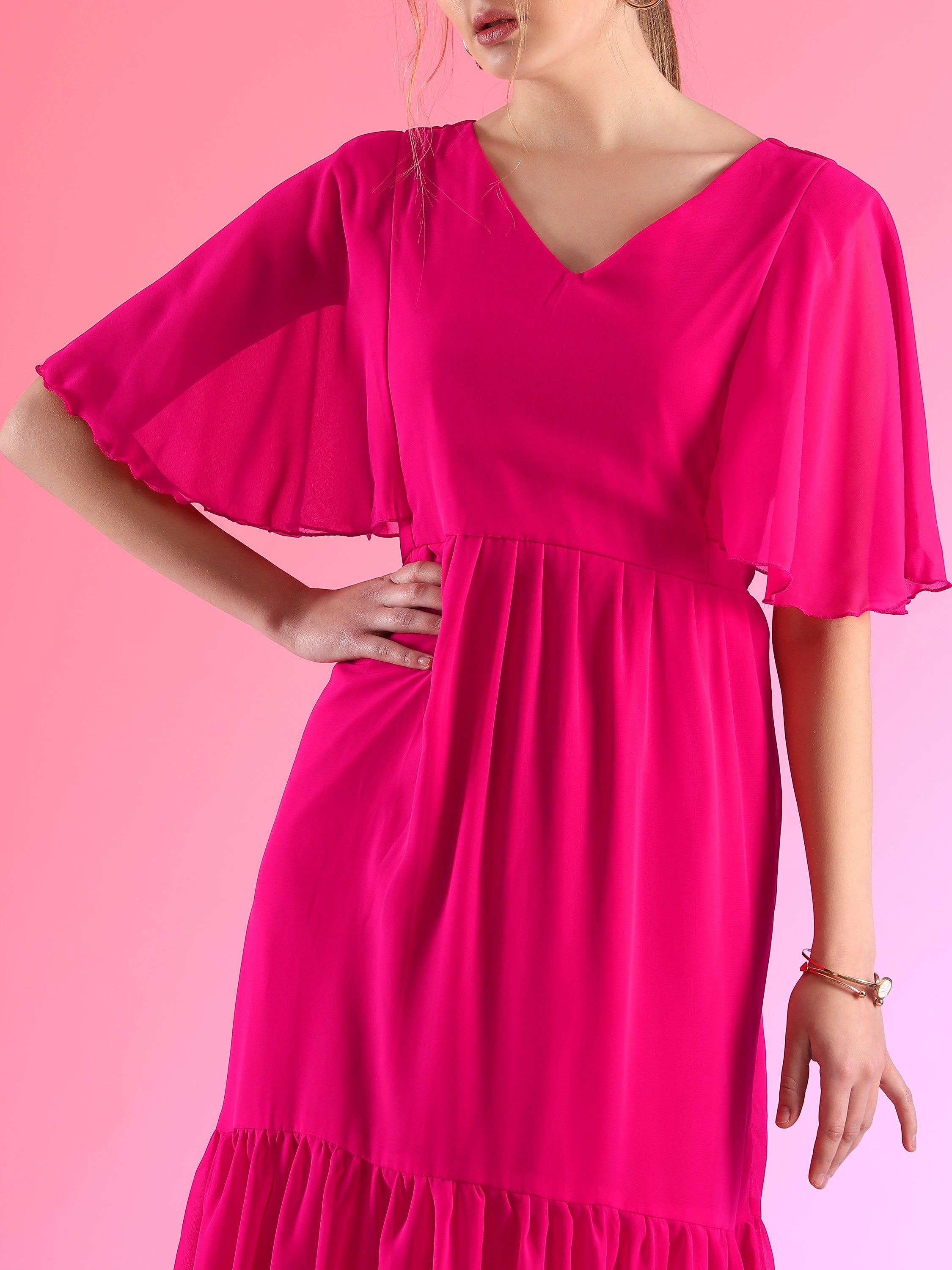 Glamour Solid Butterfly Sleeve Fit and Flare Maxi Dress