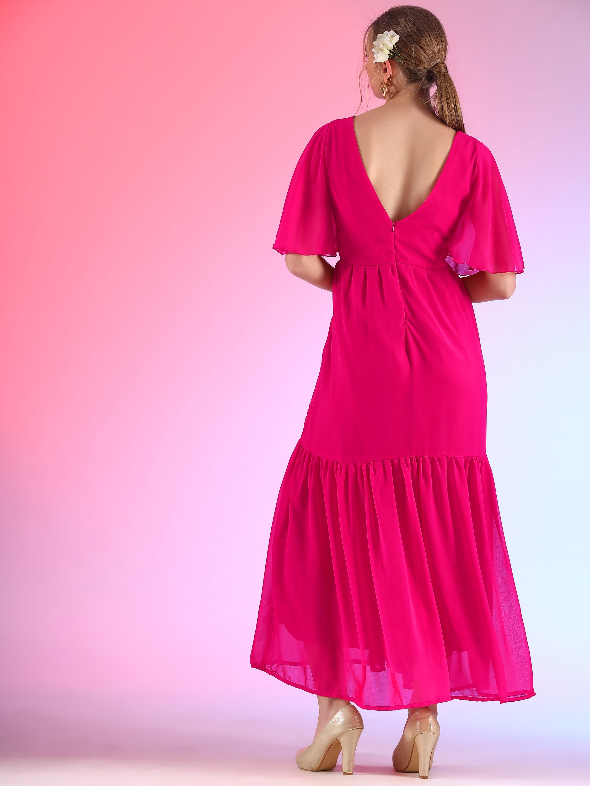 Glamour Solid Butterfly Sleeve Fit and Flare Maxi Dress