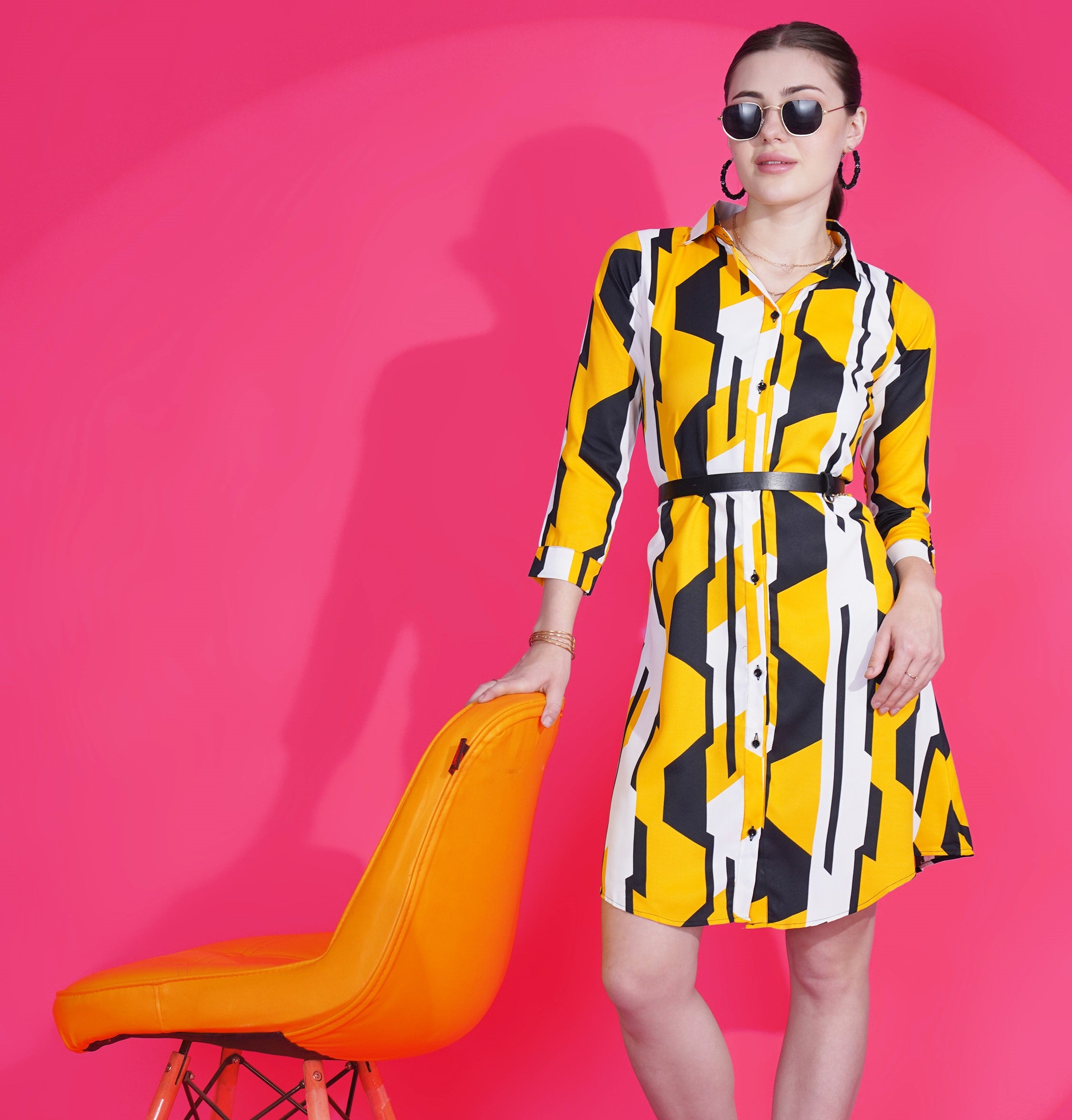 Women A-line Printed Yellow Shirt Style Dress