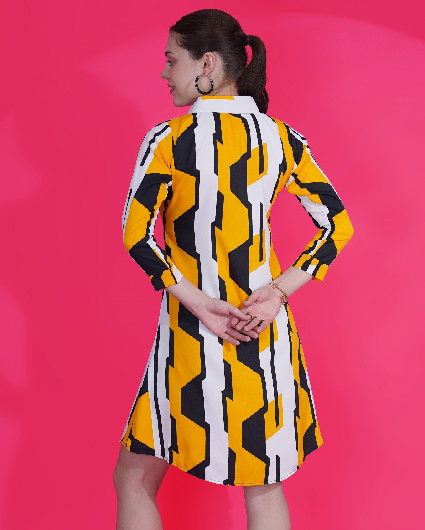 Women A-line Printed Yellow Shirt Style Dress