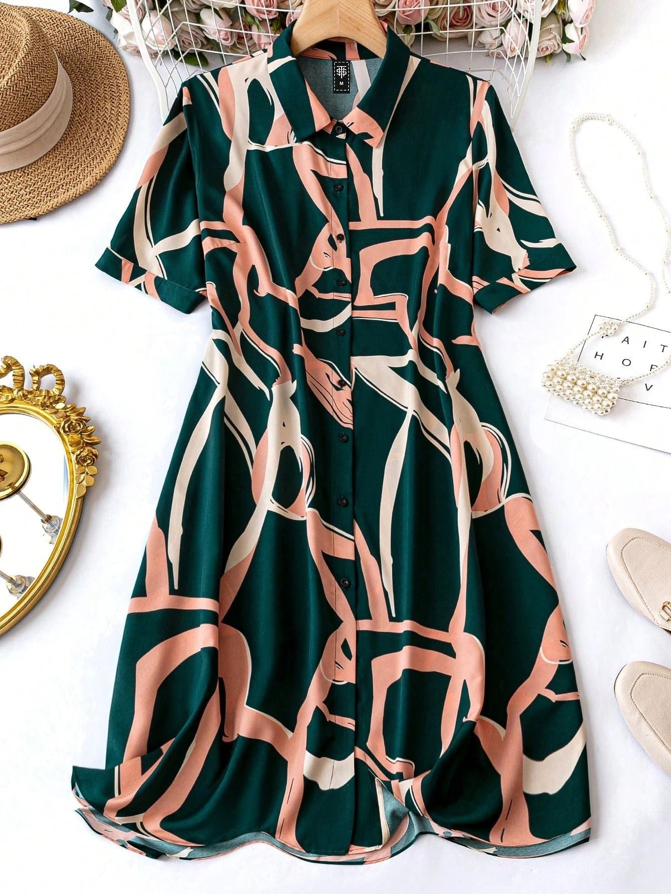 Green Abstract Printed Shirt Style Midi Dress