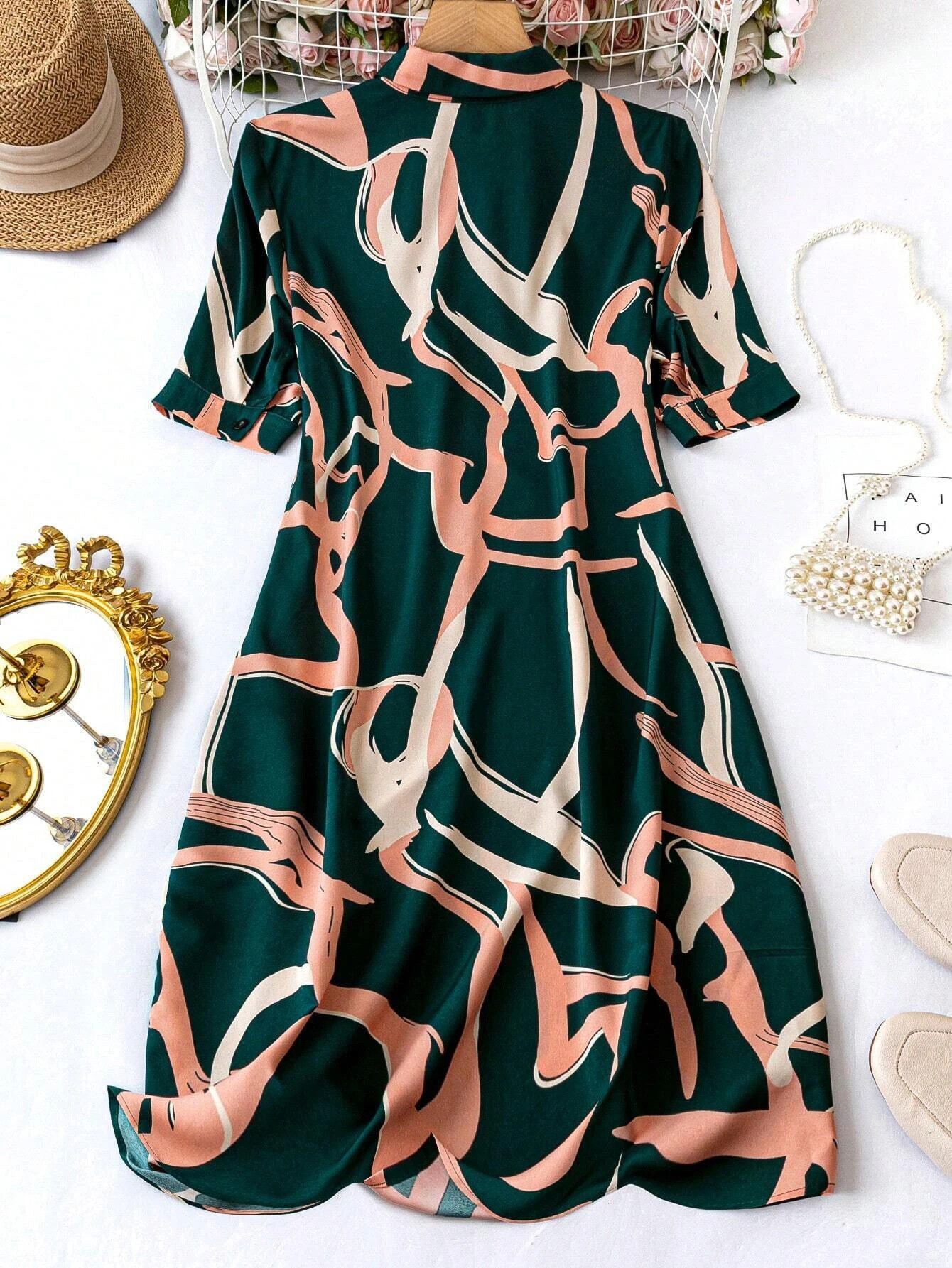 Green Abstract Printed Shirt Style Midi Dress