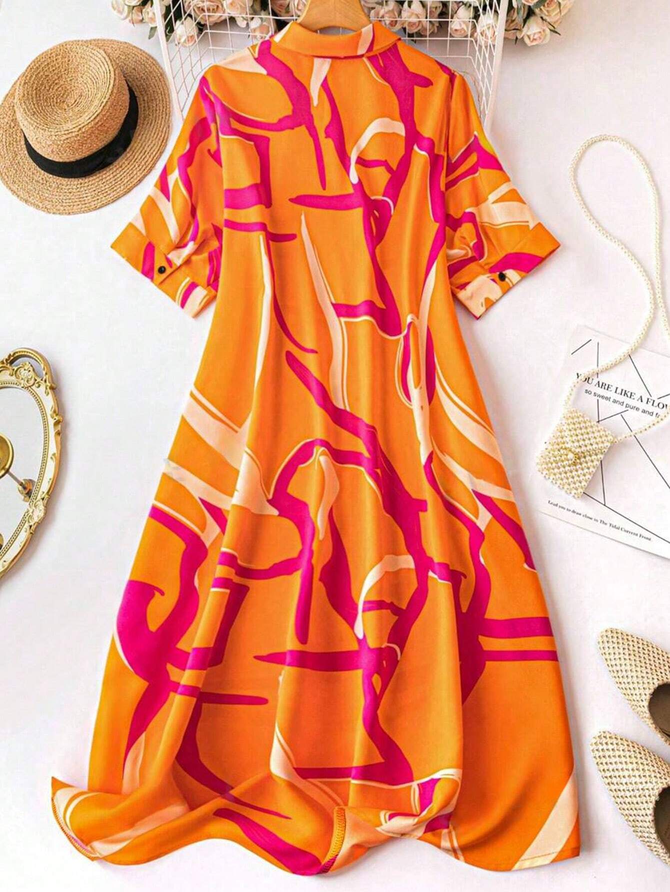 Women Graphic Print Collared A-line Orange Shirt Style Dress