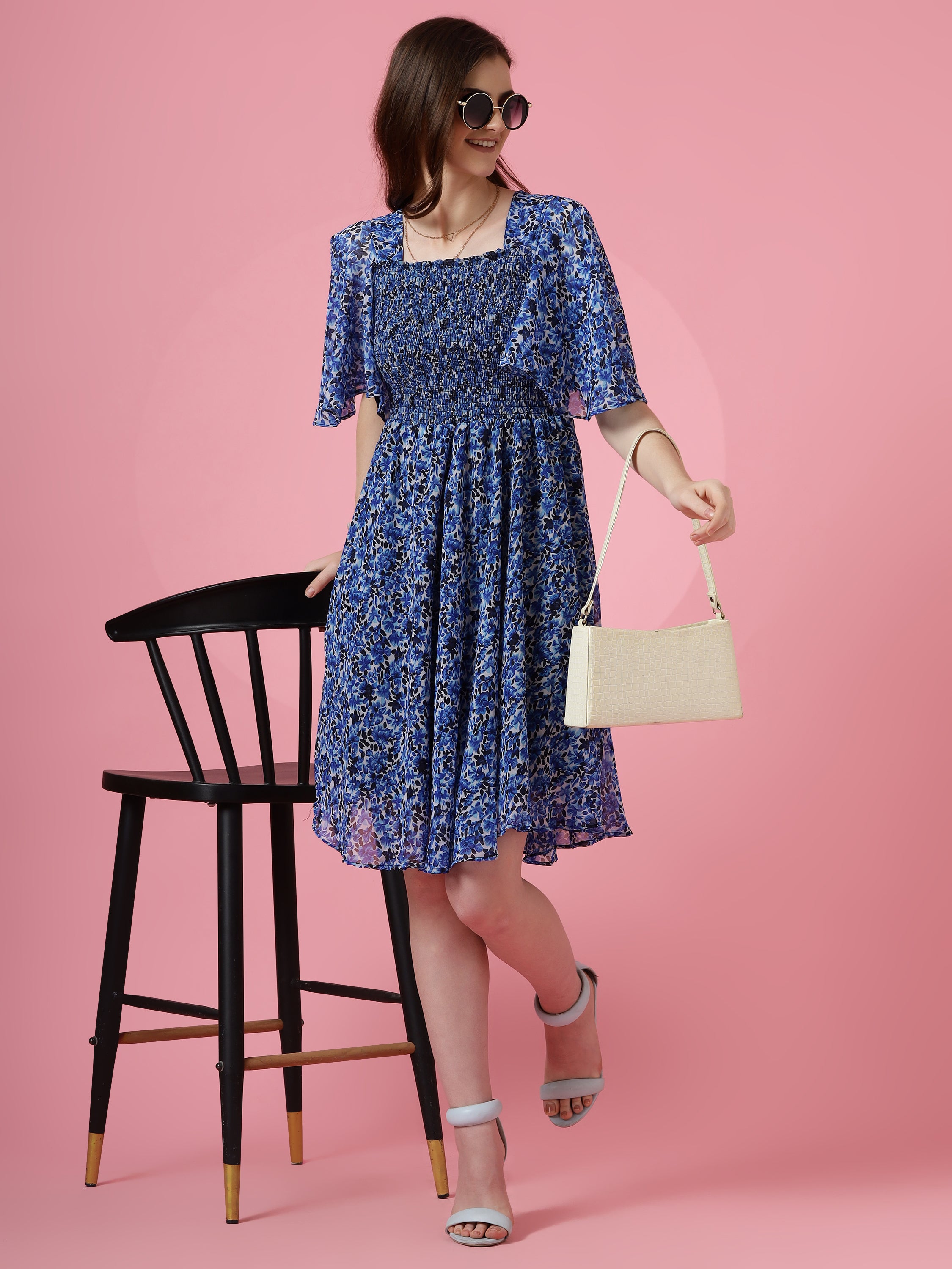 Blue Smocked Fit & Flare Dress with Flutter Sleeves