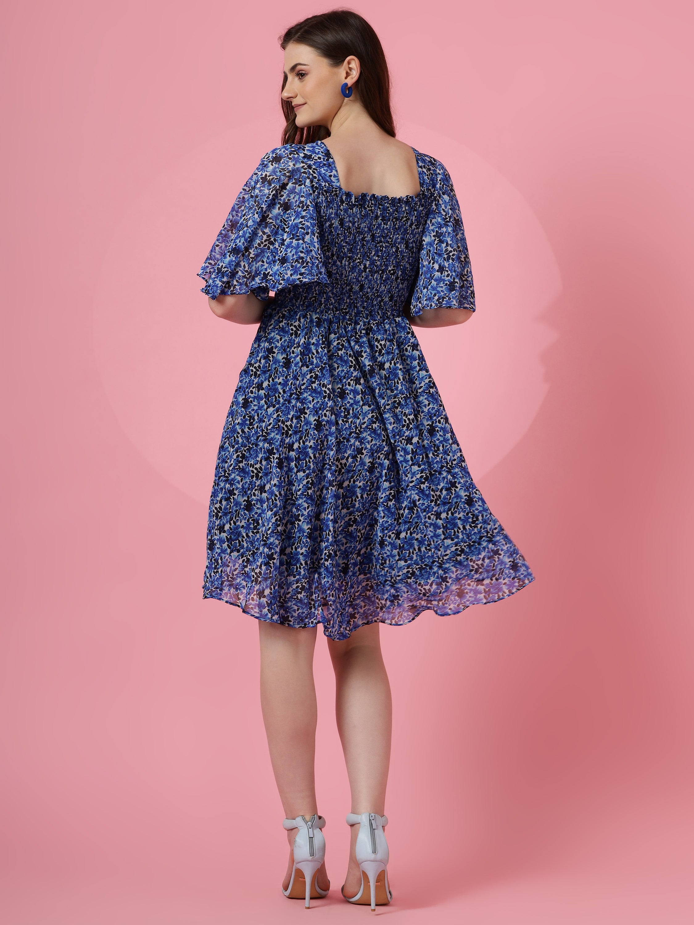 Blue Smocked Fit & Flare Dress with Flutter Sleeves