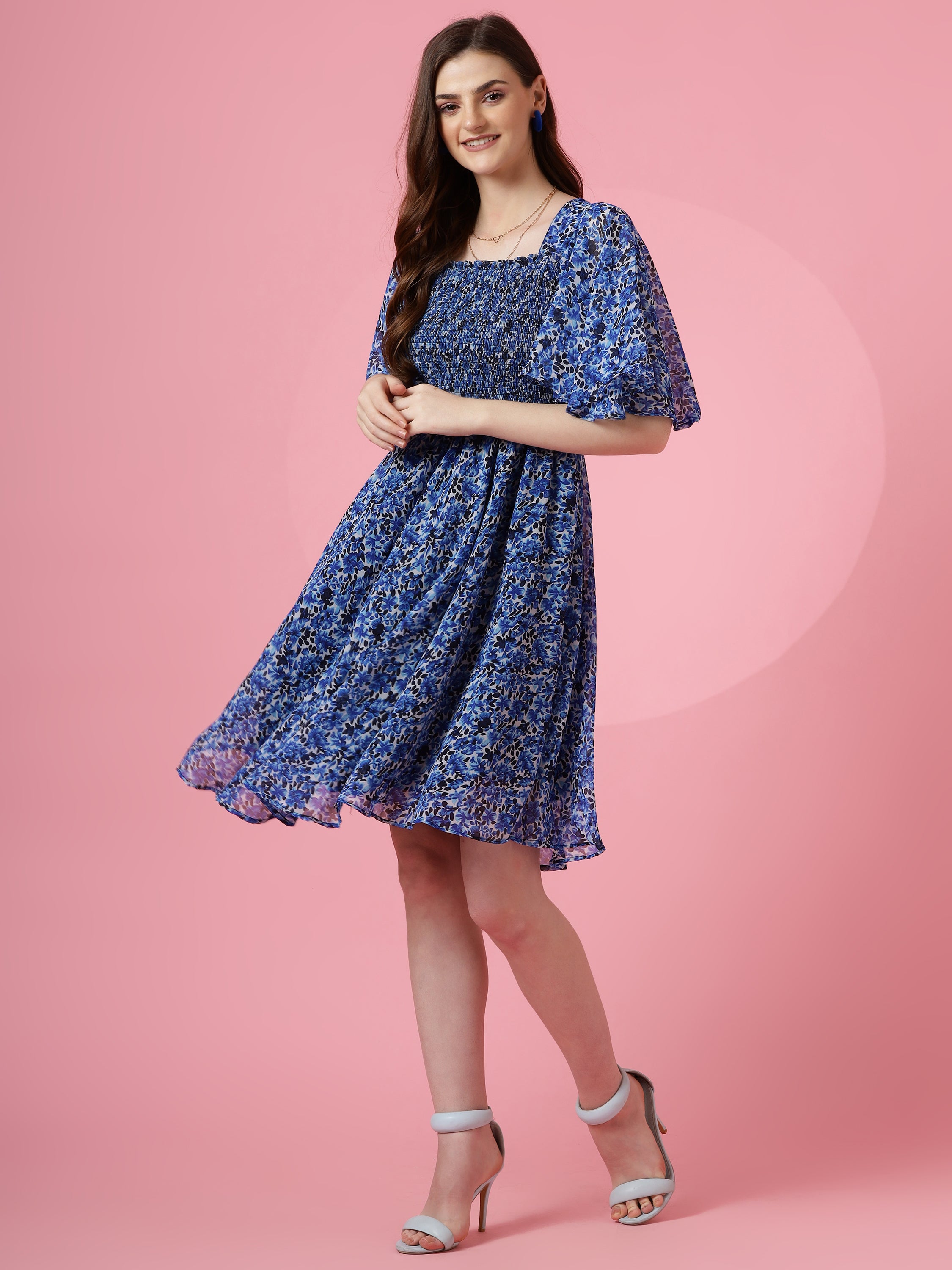 Blue Smocked Fit & Flare Dress with Flutter Sleeves