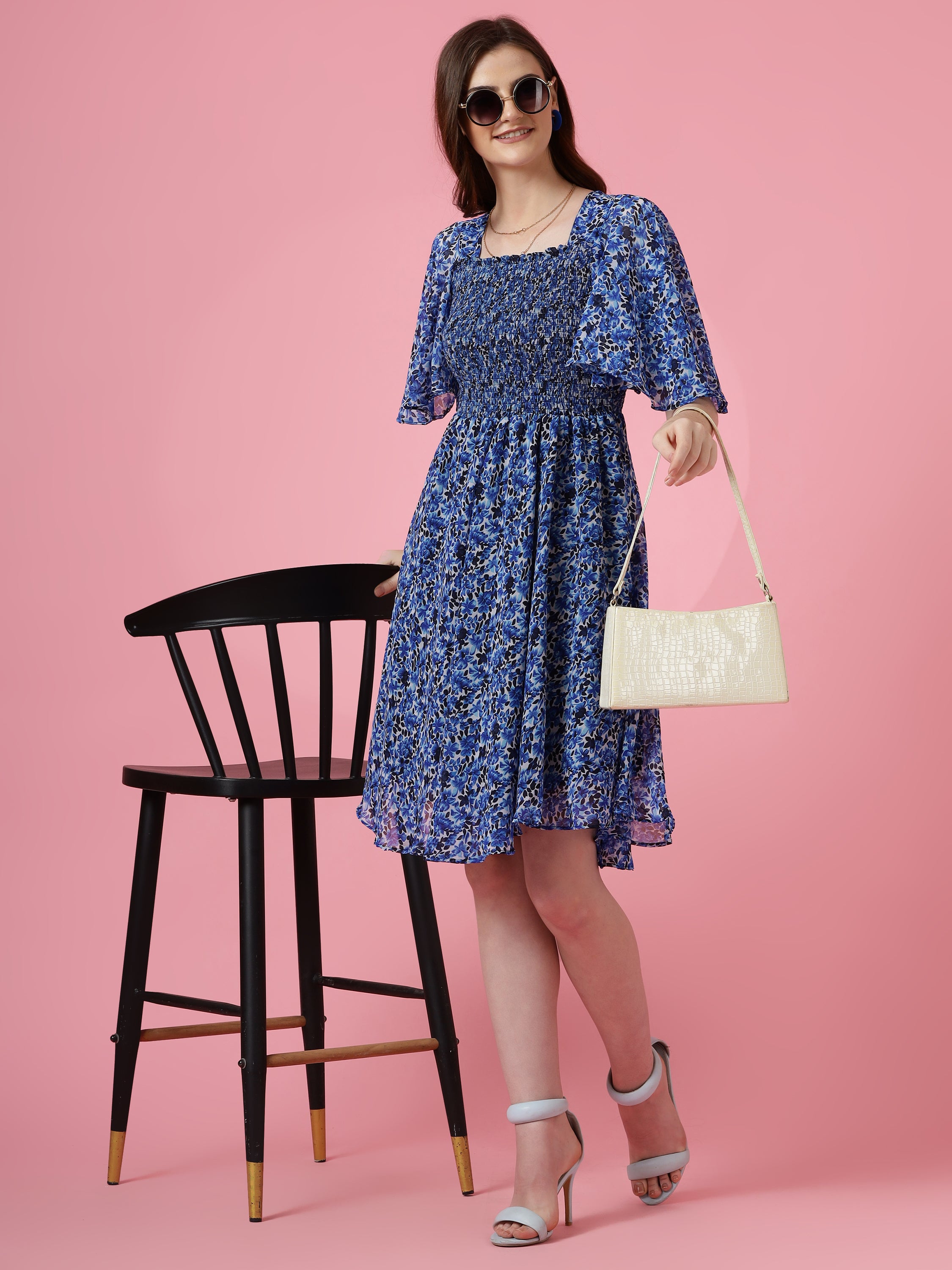 Blue Smocked Fit & Flare Dress with Flutter Sleeves