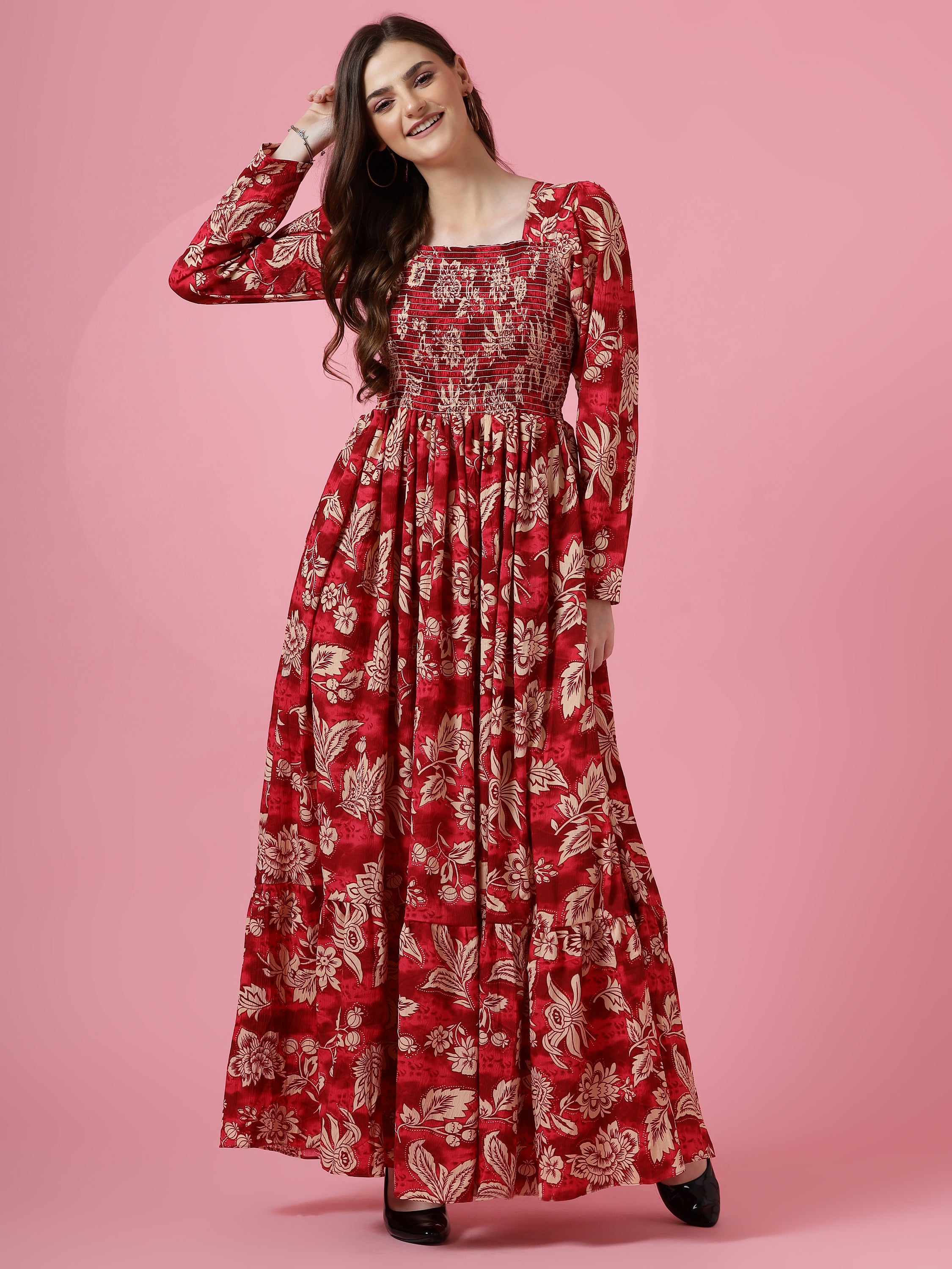 Women Red Floral Printed Smocked Fit & Flare Maxi Dress
