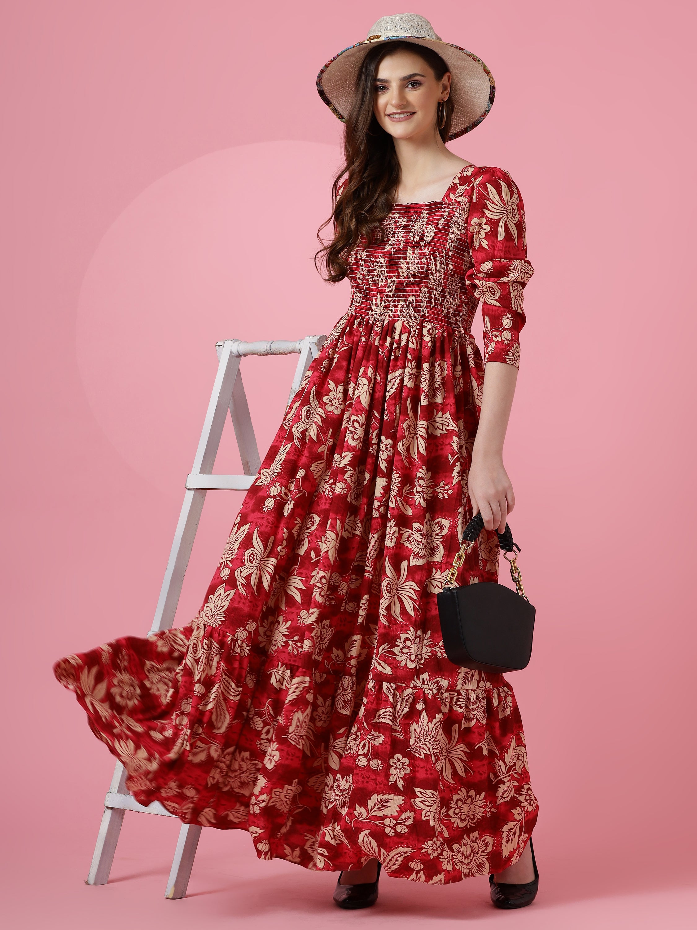 Women Red Floral Printed Smocked Fit & Flare Maxi Dress