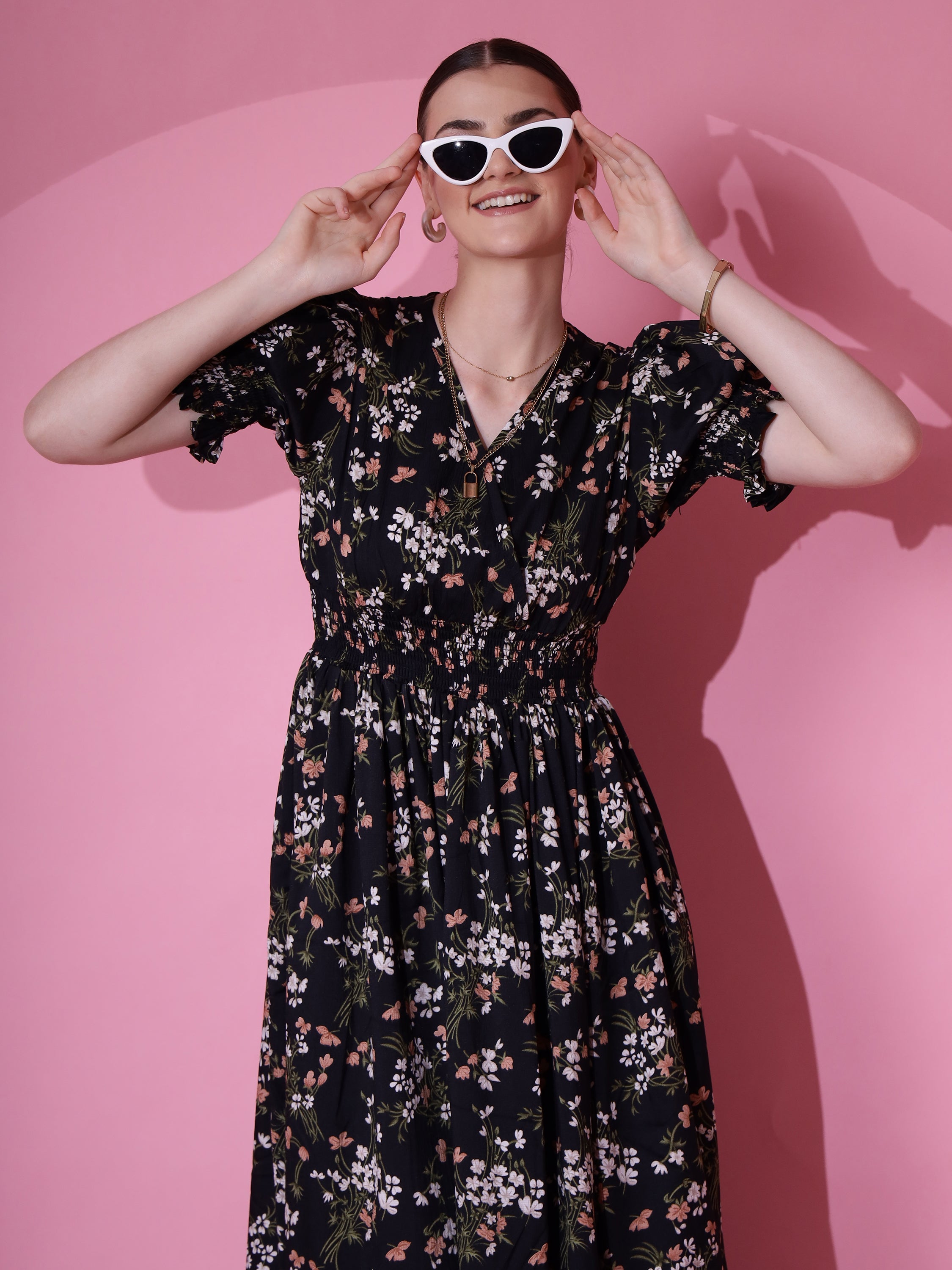 Women Black Floral Printed V-Neck Smocked Midi Dress