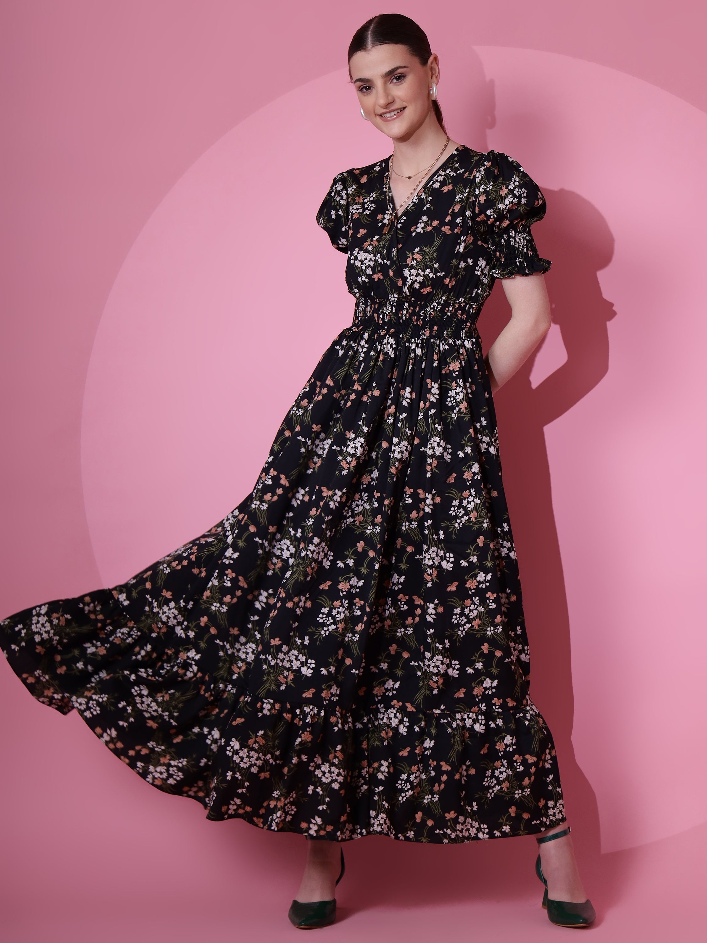 Women Black Floral Printed V-Neck Smocked Midi Dress