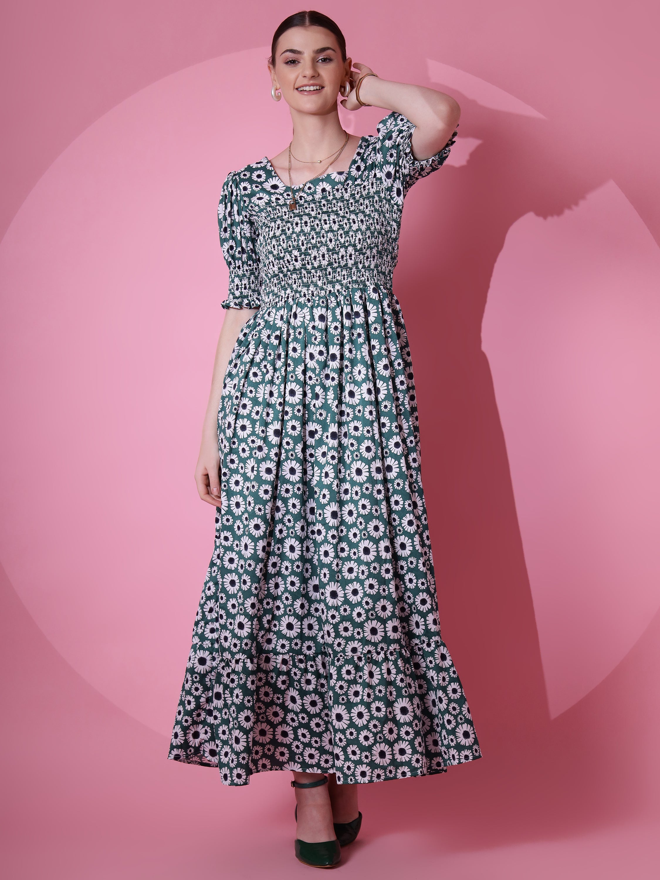 Women Green Printed Smocked Fit & Flare Maxi Dress