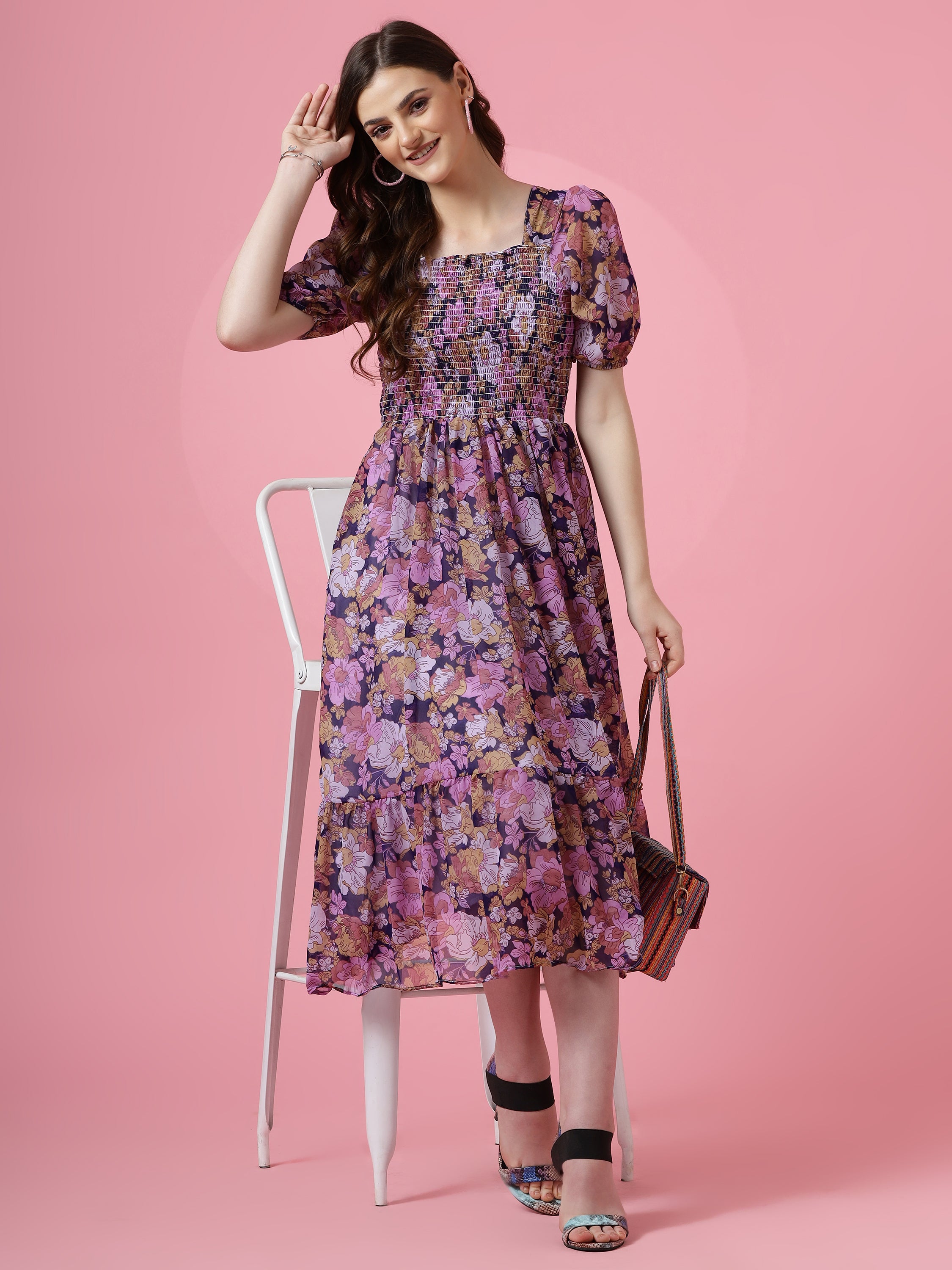 Women Purple Georgette Floral Printed Fit & Flare Maxi Dress