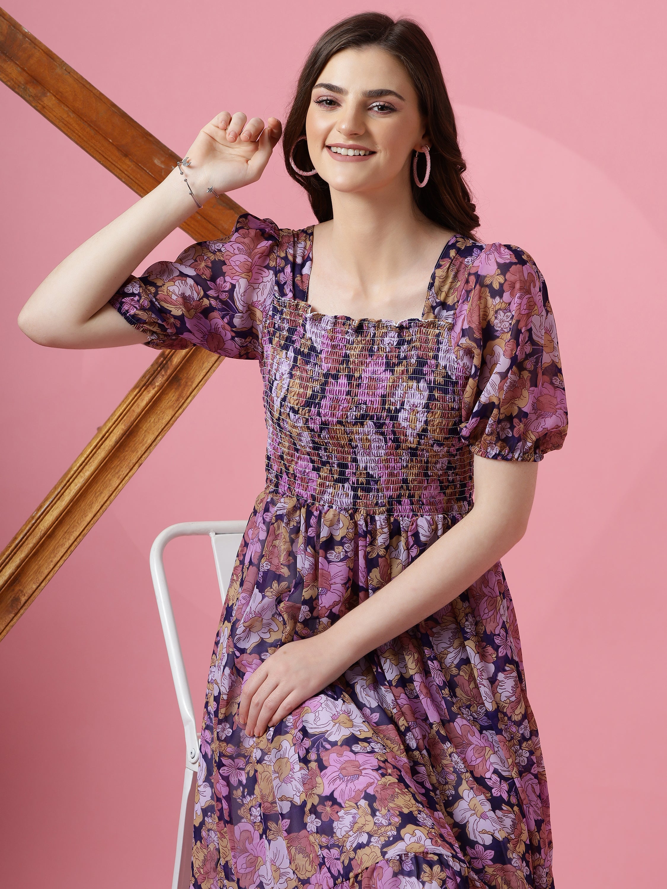 Women Purple Georgette Floral Printed Fit & Flare Maxi Dress