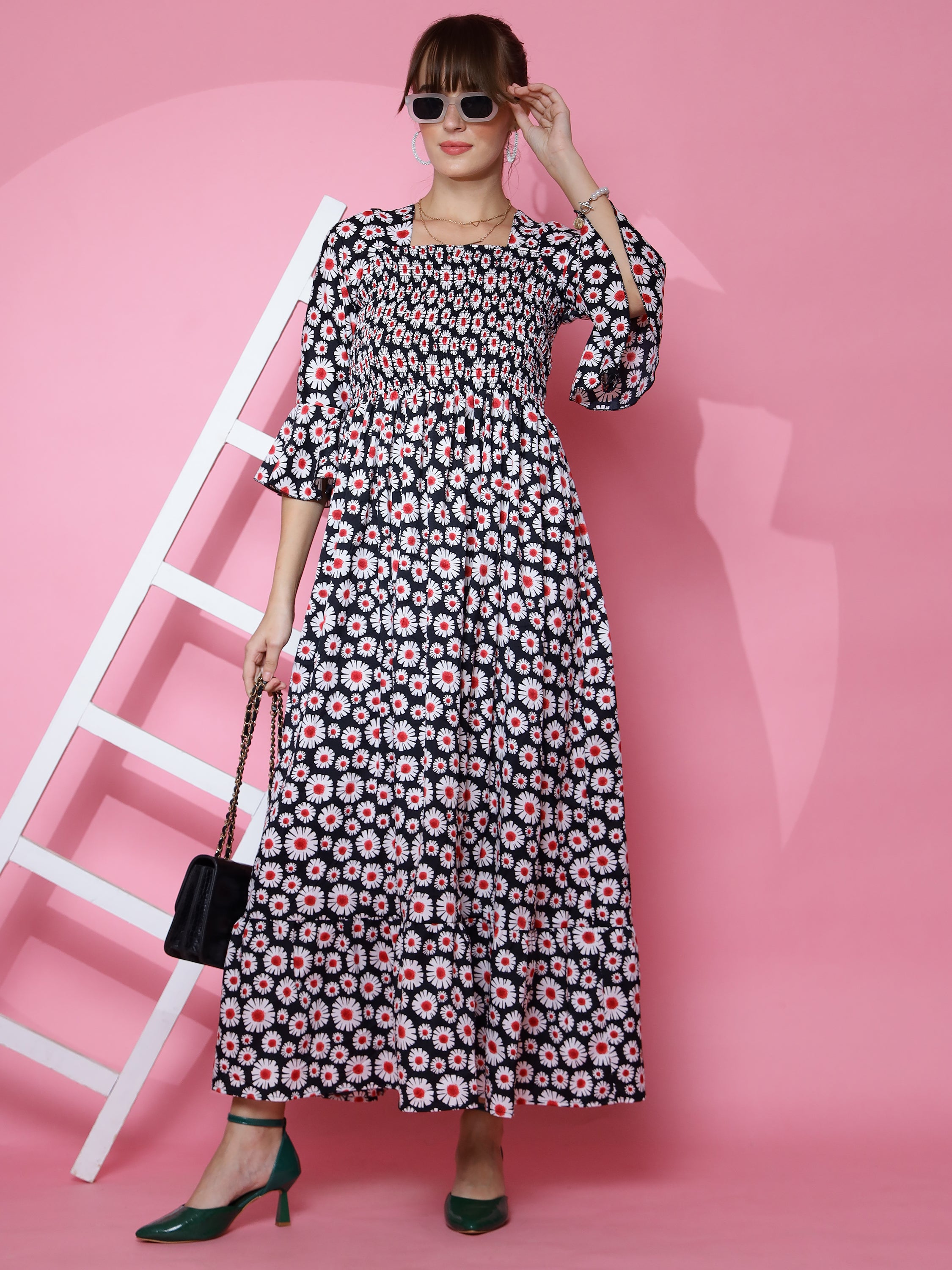 Women Floral Printed Flared Sleeve Fit and Flare Black Dress