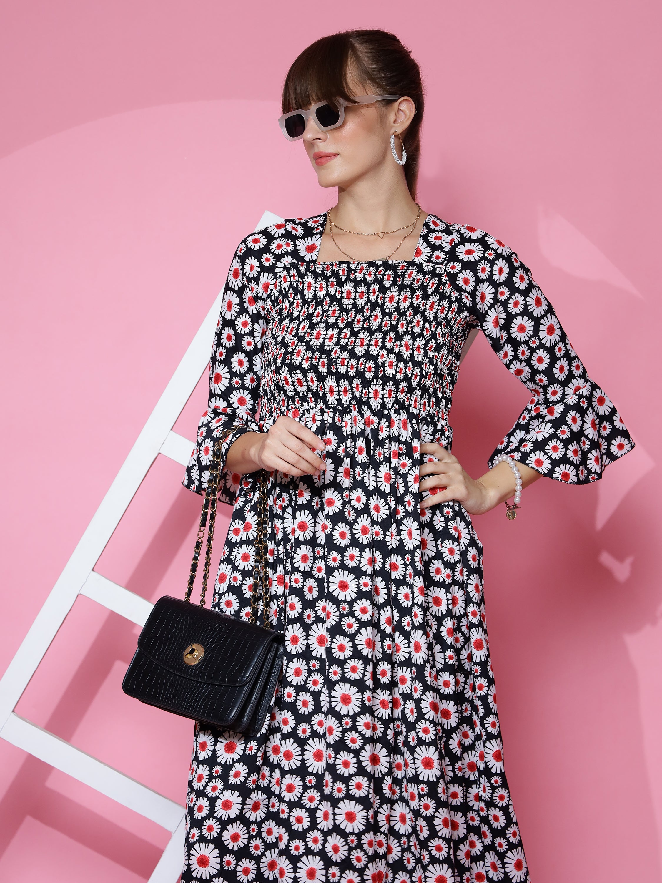 Women Floral Printed Flared Sleeve Fit and Flare Black Dress