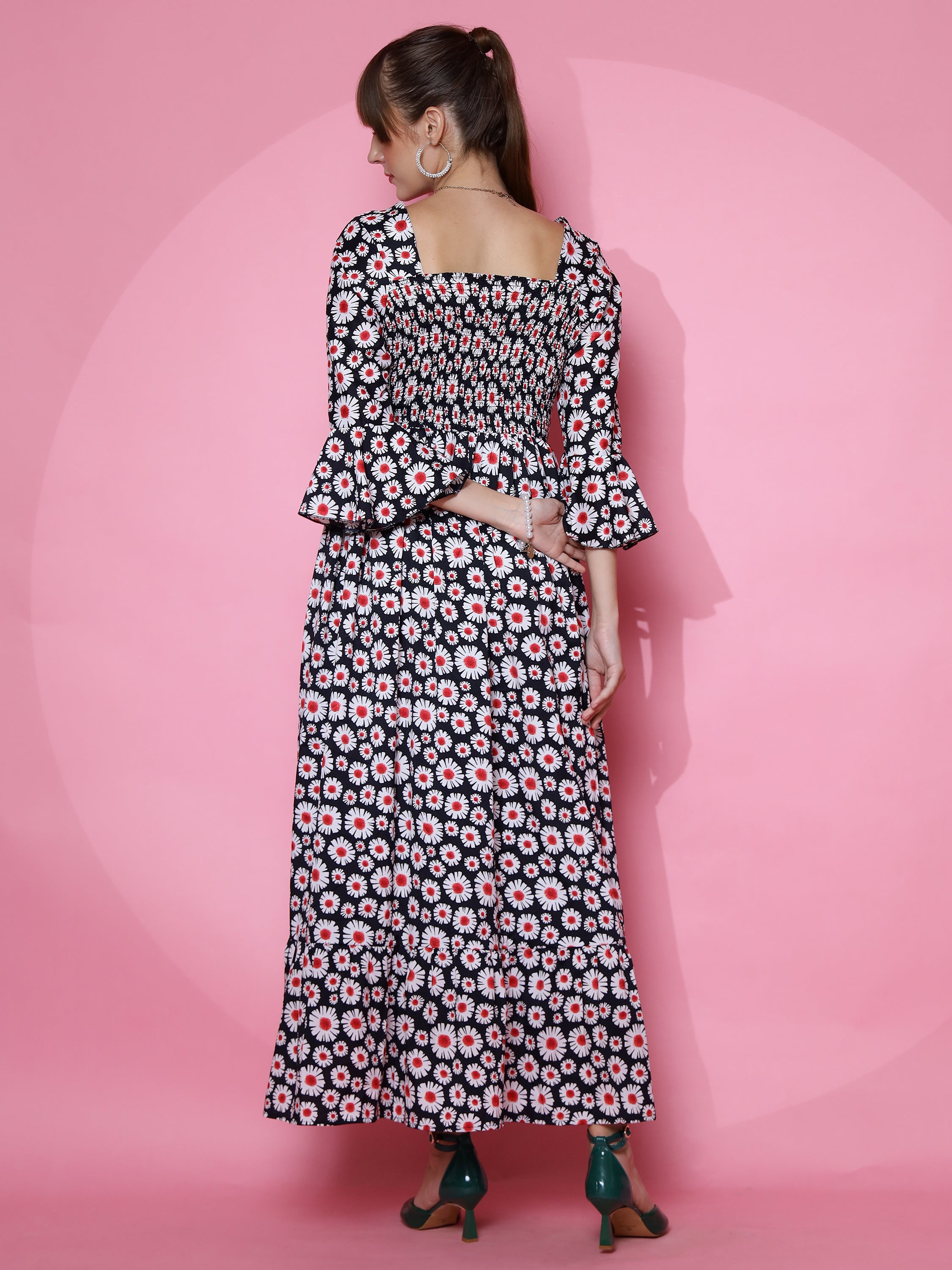 Women Floral Printed Flared Sleeve Fit and Flare Black Dress