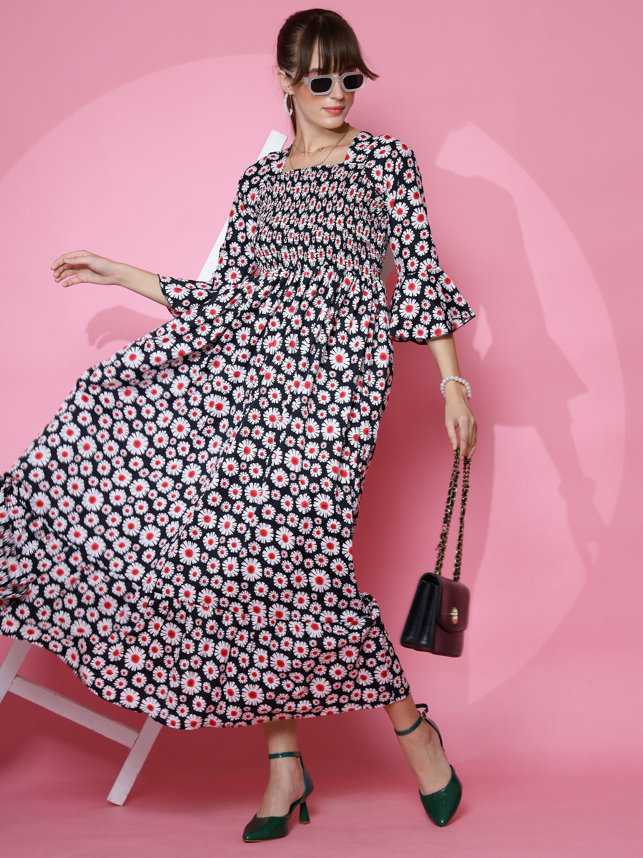 Women Floral Printed Flared Sleeve Fit and Flare Black Dress