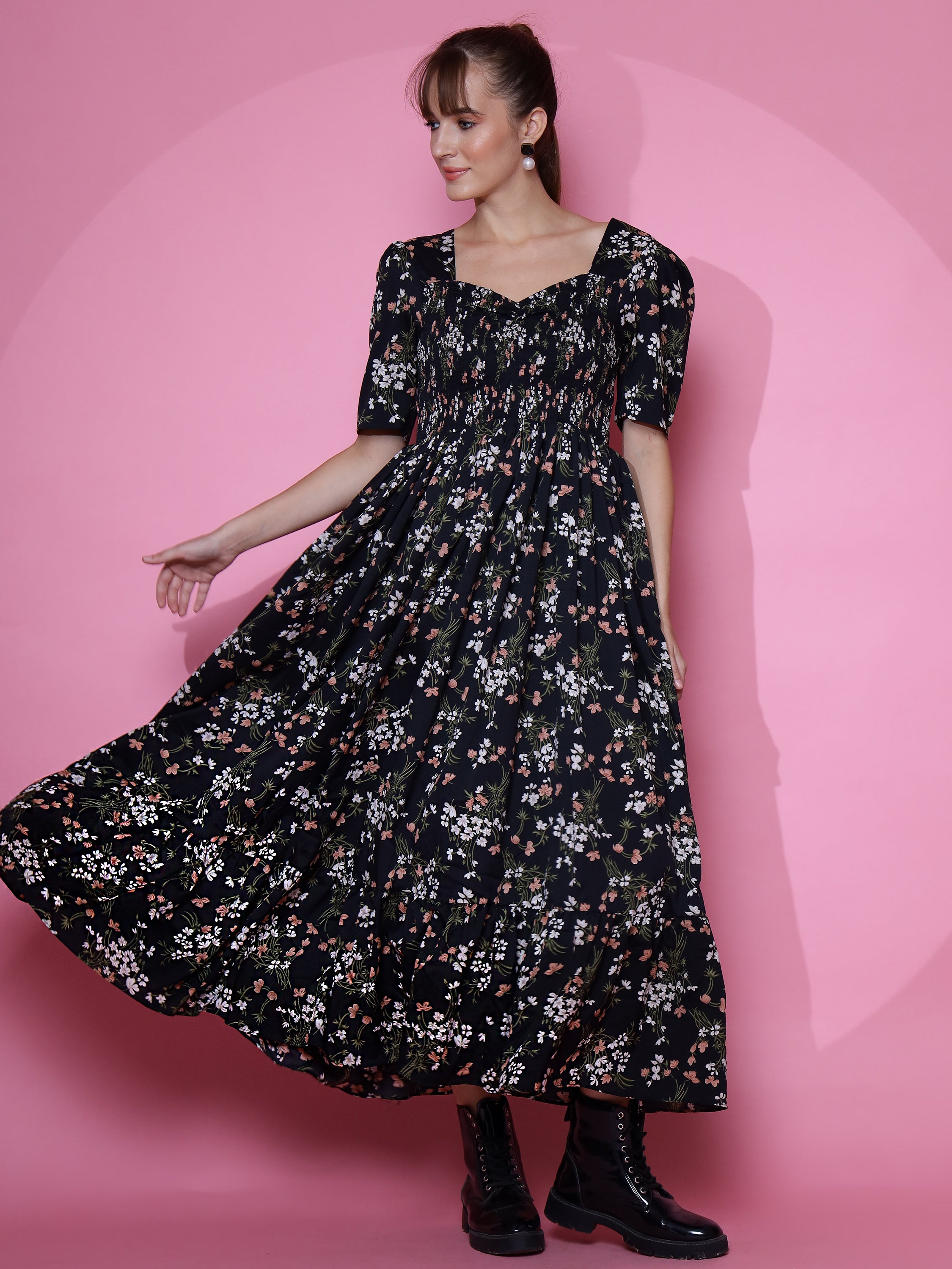 Women Black Smoked Sweetheart Neck Fit and Flare Midi Dress