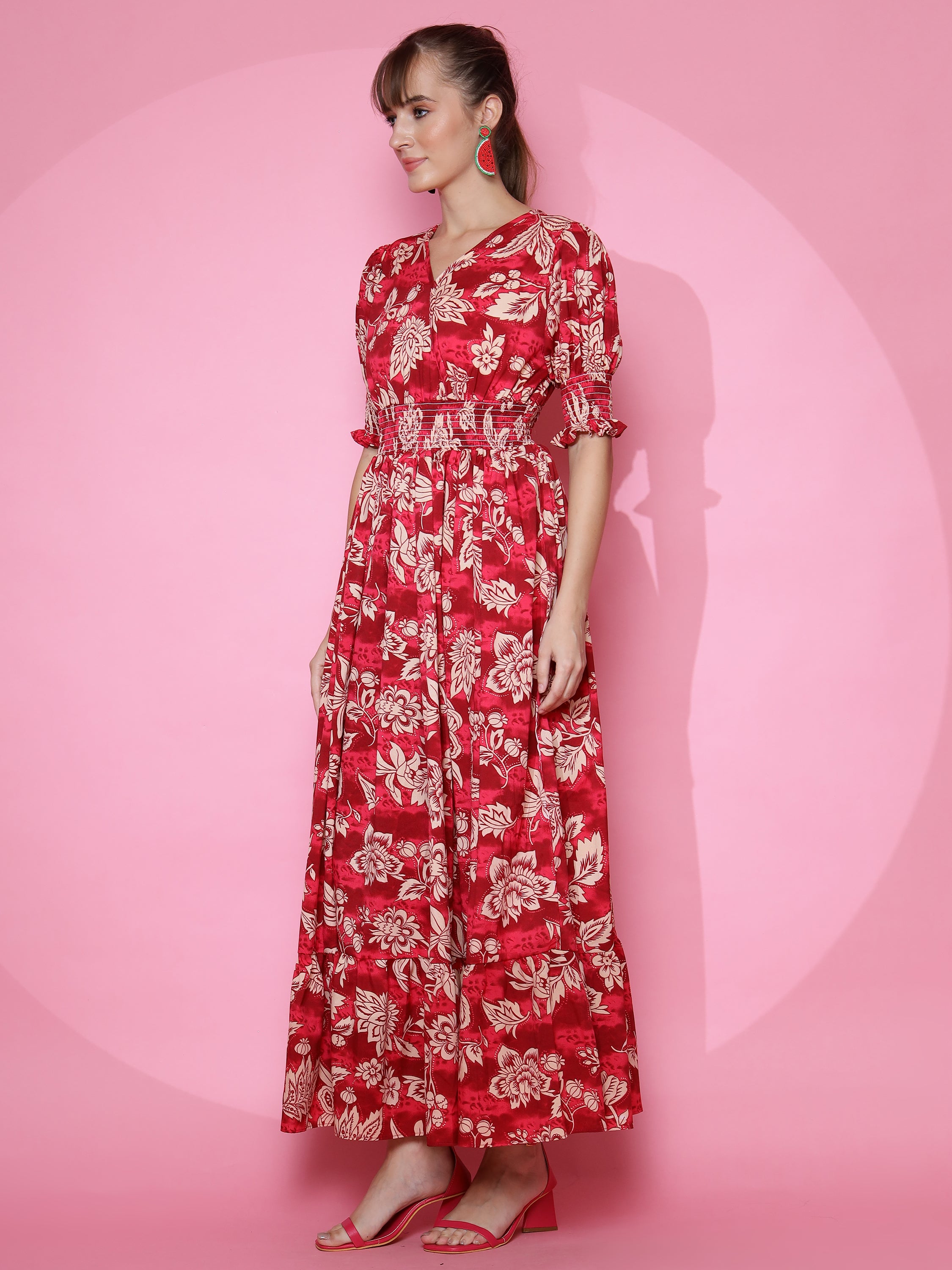 Women Red Smoked Half Sleeve Fit and Flare Maxi Dress