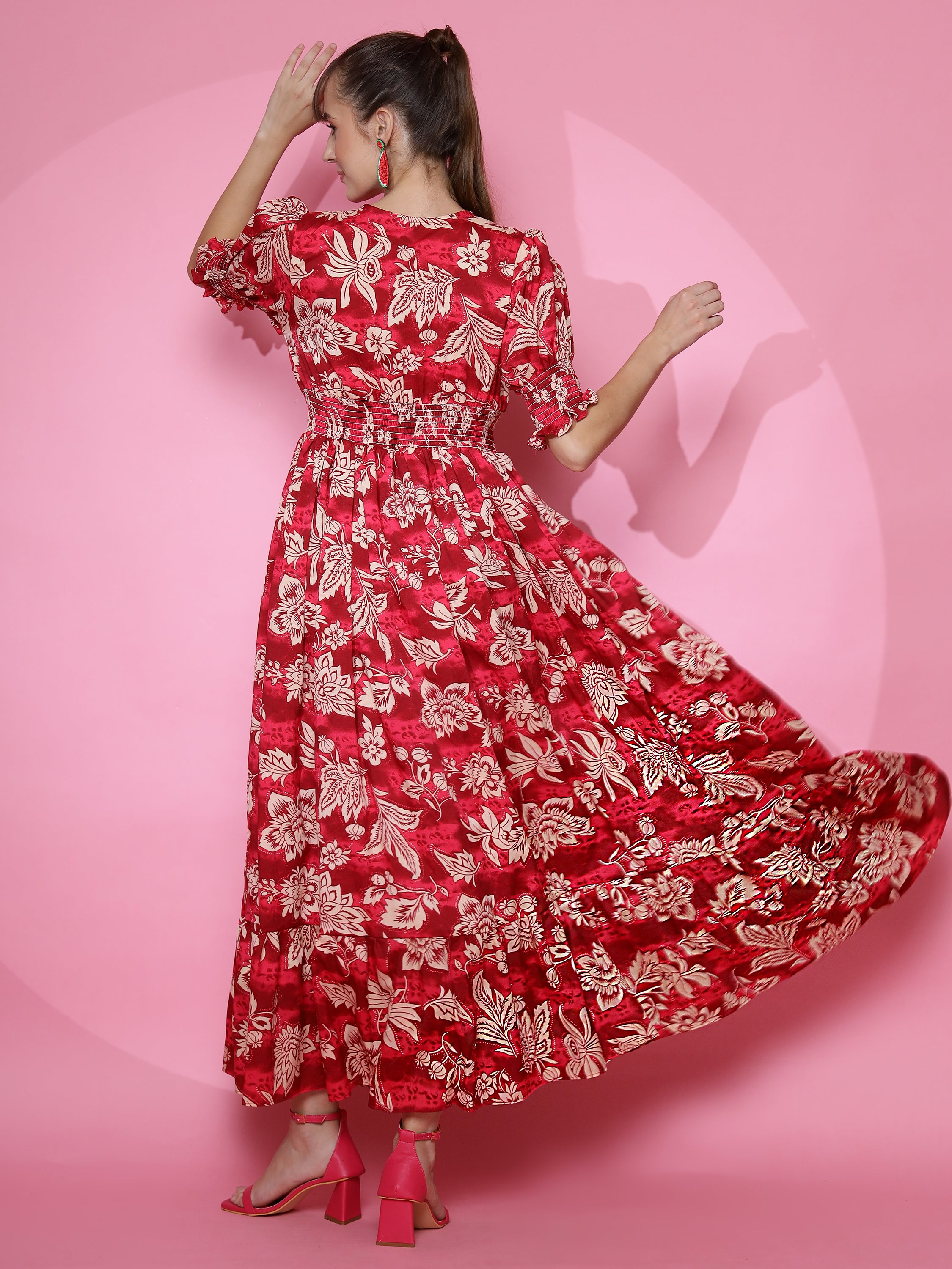 Women Red Smoked Half Sleeve Fit and Flare Maxi Dress