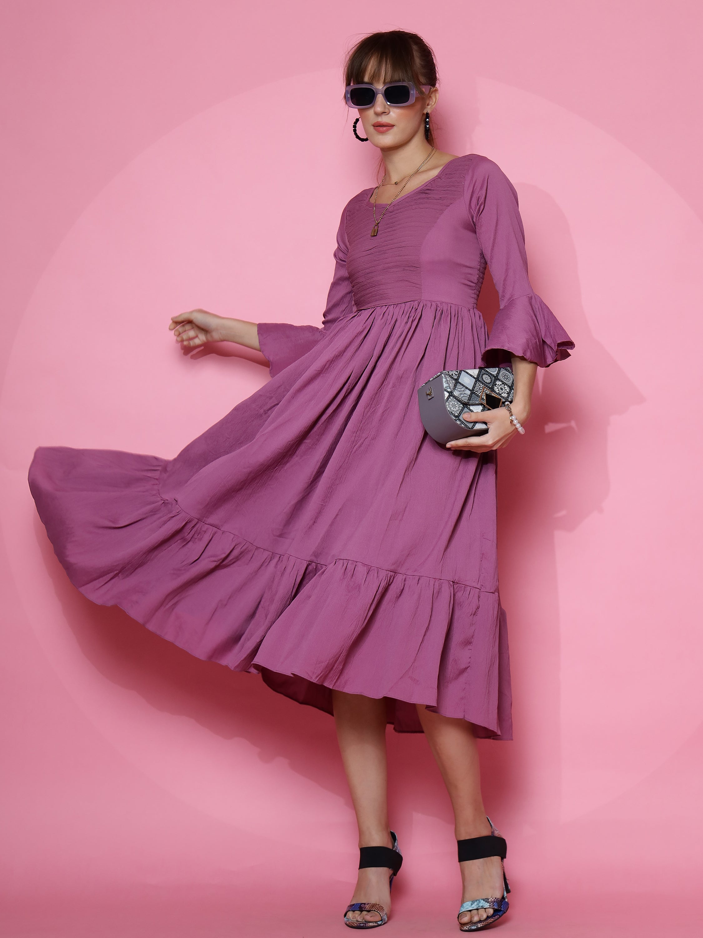 Women Purple Fit and Flare Midi Dress