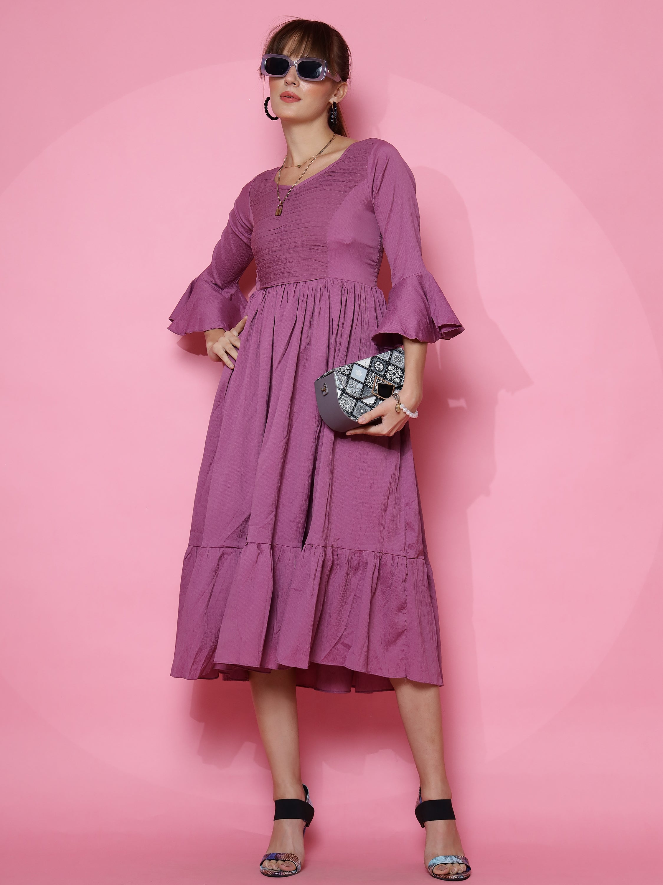 Women Purple Fit and Flare Midi Dress