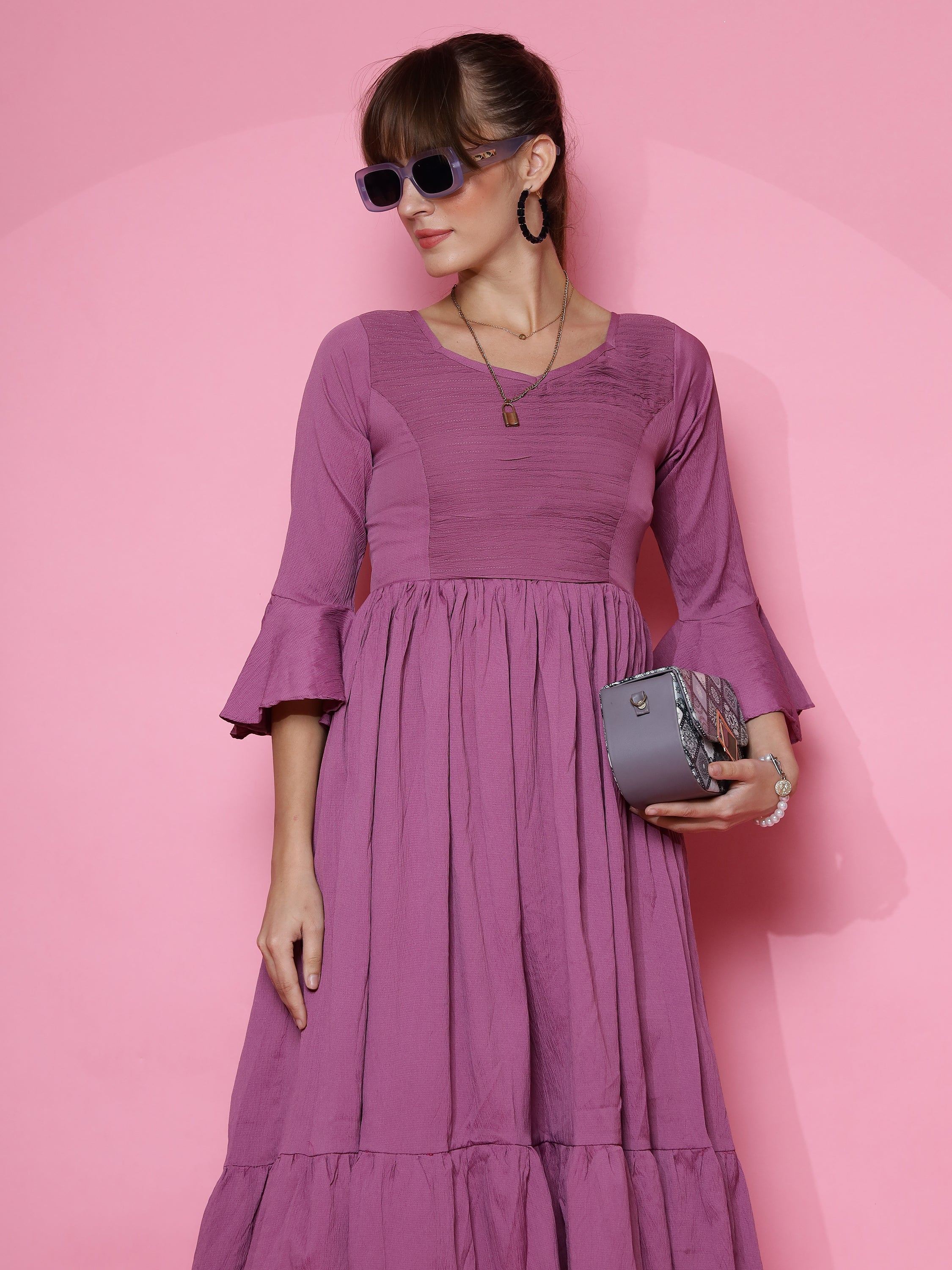 Women Purple Fit and Flare Midi Dress