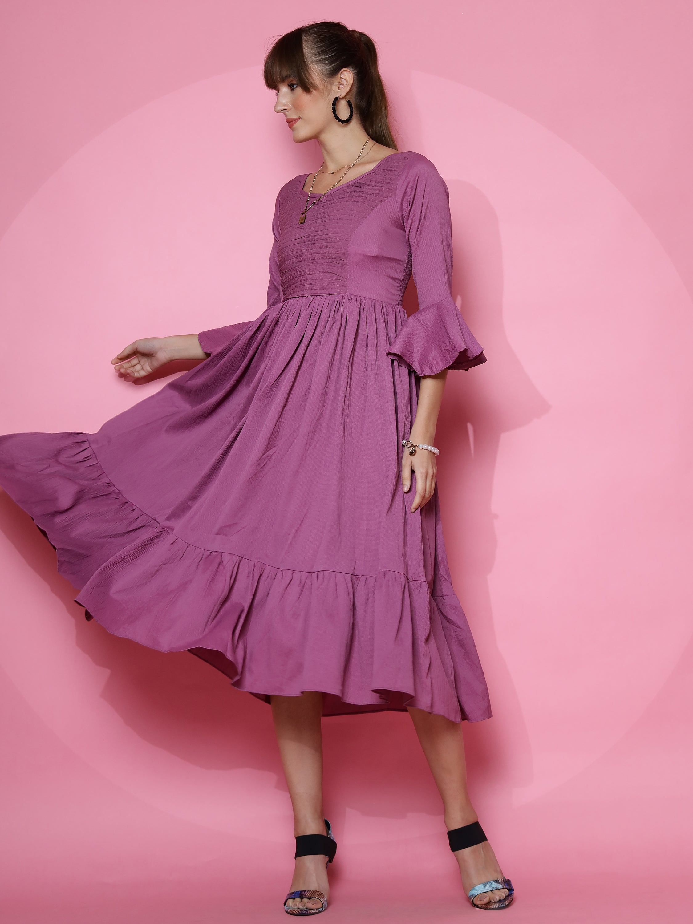 Women Purple Fit and Flare Midi Dress