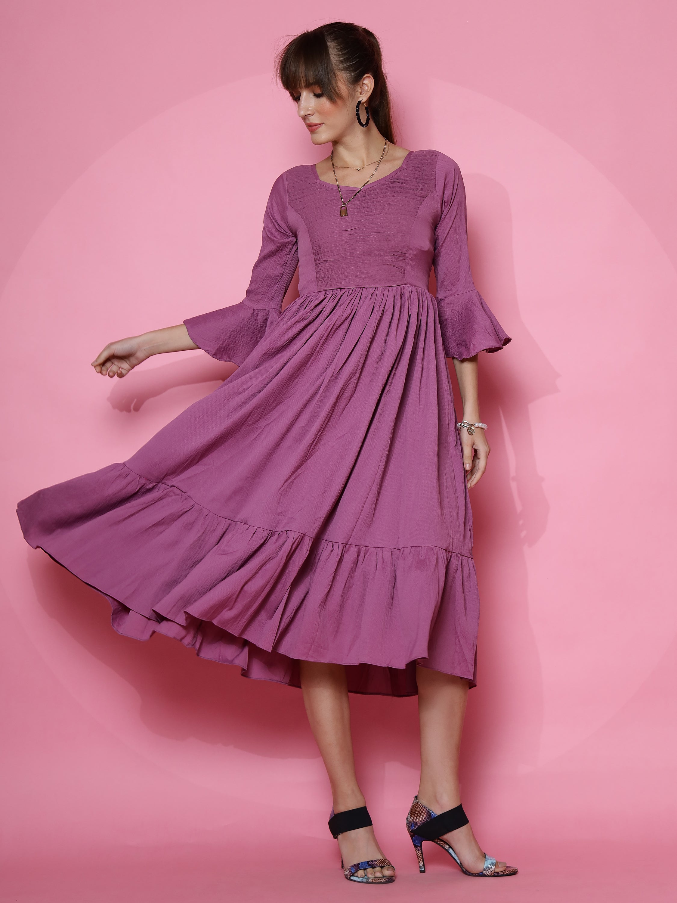 Women Purple Fit and Flare Midi Dress