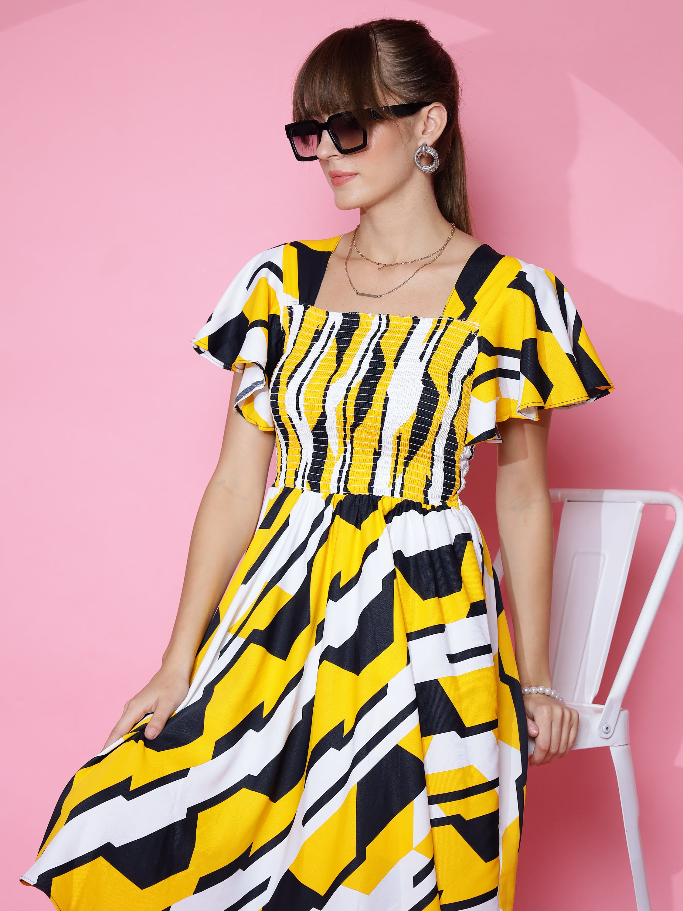 Woman Classic Yellow Geometric Print Fit and Flare Midi Dress