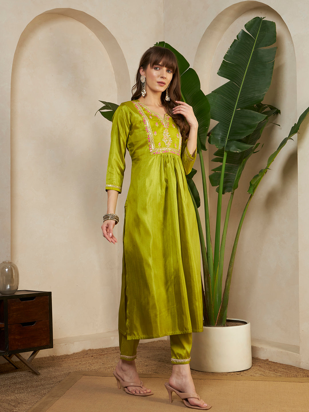 Women Green Festive Kurta with Embroidered Yoke & Pants with Dupatta Ethnic Set