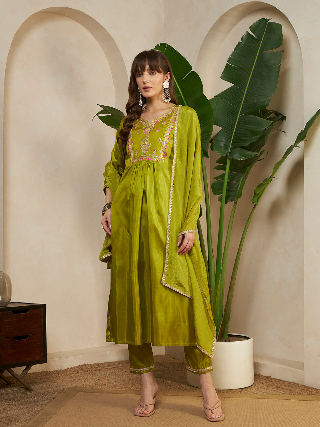 Women Green Festive Kurta with Embroidered Yoke & Pants with Dupatta Ethnic Set