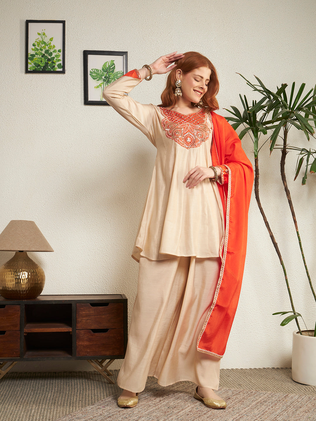 Women Cream And Orange Embroidered Kurta with Palazzo And Dupatta Set