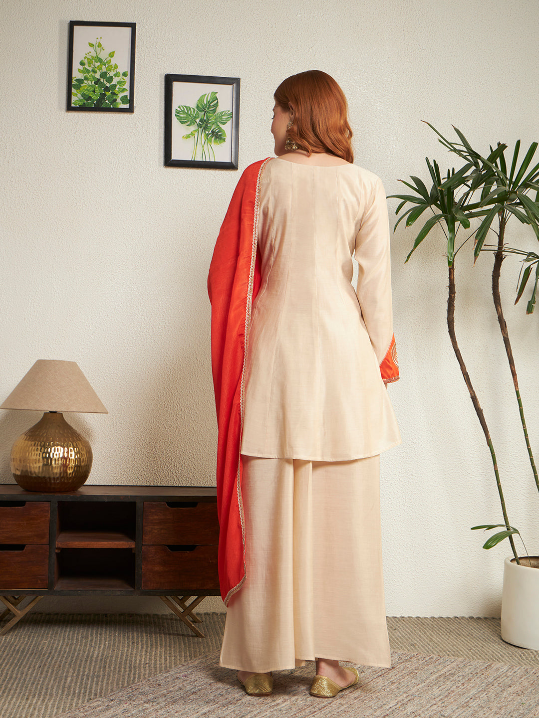 Women Cream And Orange Embroidered Kurta with Palazzo And Dupatta Set