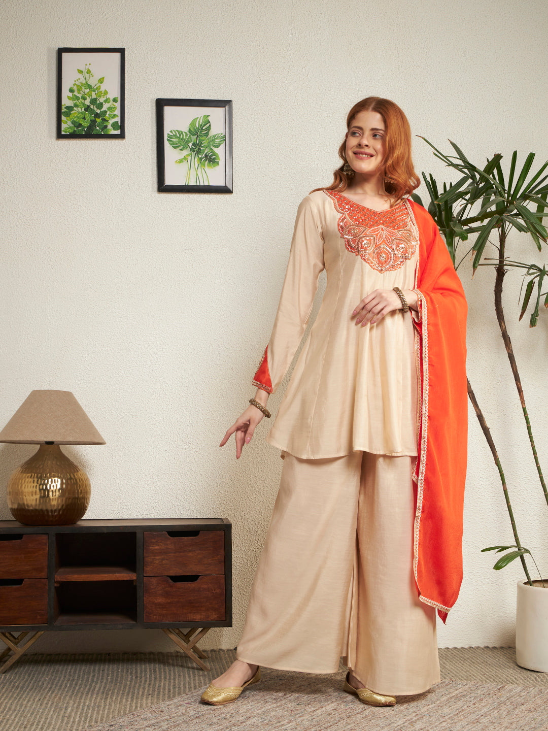 Women Cream And Orange Embroidered Kurta with Palazzo And Dupatta Set