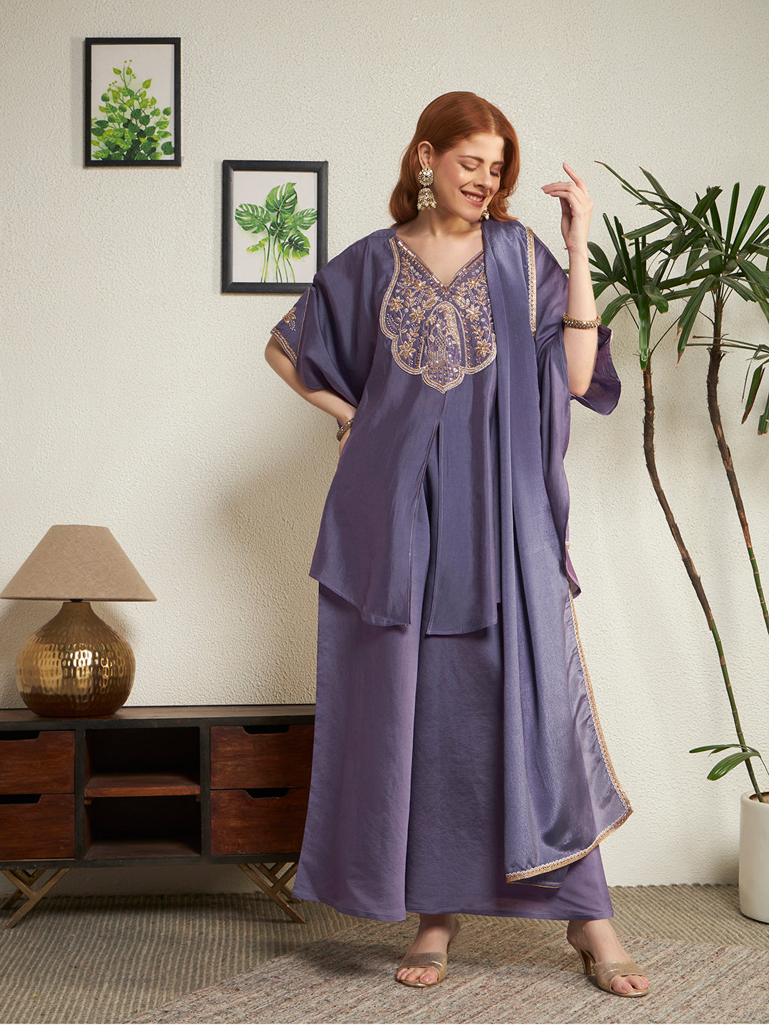 Women Lavender Emblished Kaftan Top with Palazzo & Dupatta Set