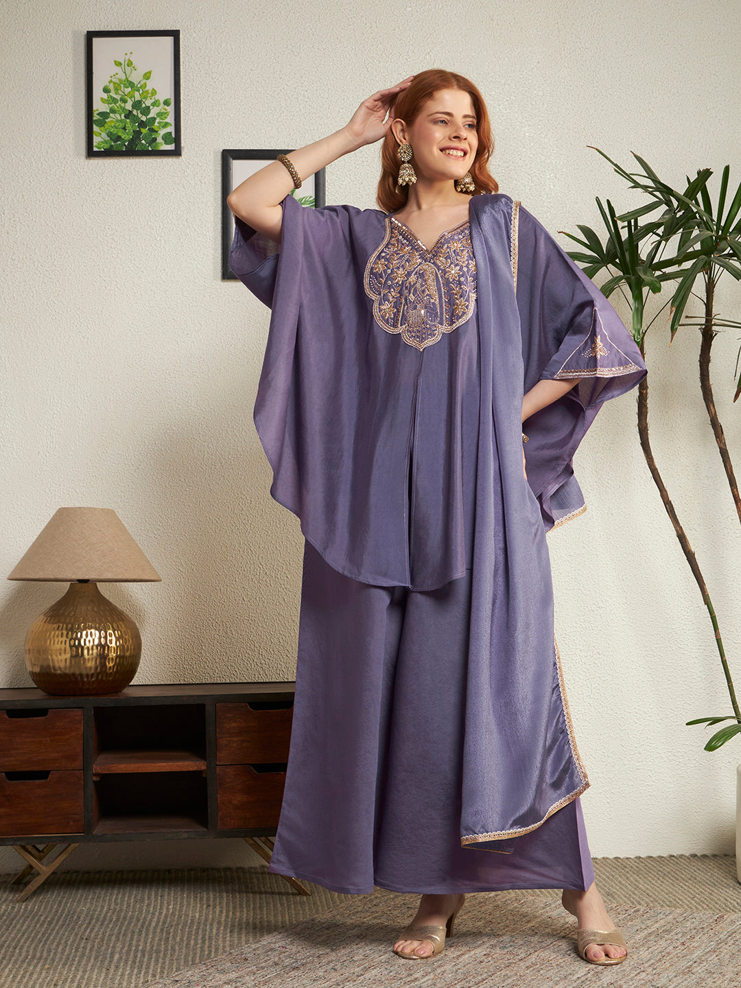 Women Lavender Emblished Kaftan Top with Palazzo & Dupatta Set