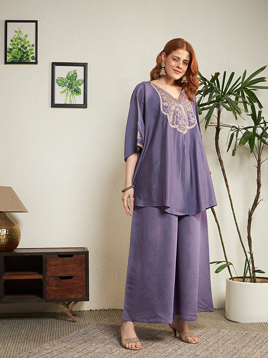 Women Lavender Emblished Kaftan Top with Palazzo & Dupatta Set