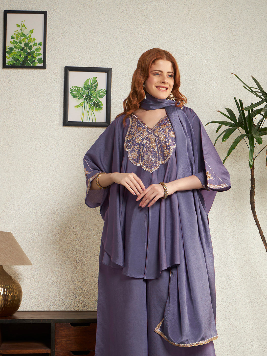 Women Lavender Emblished Kaftan Top with Palazzo & Dupatta Set