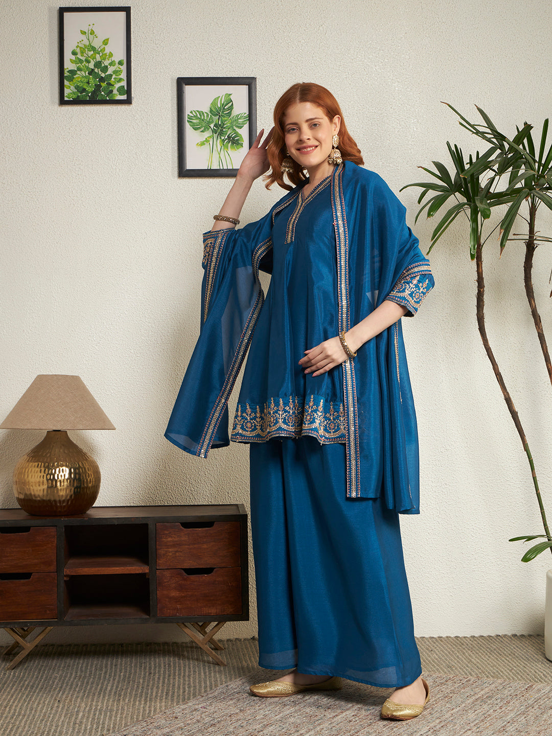 Women Teal Blue Embroidered Kaftan Kurta with Palazzo & Dupatta Set